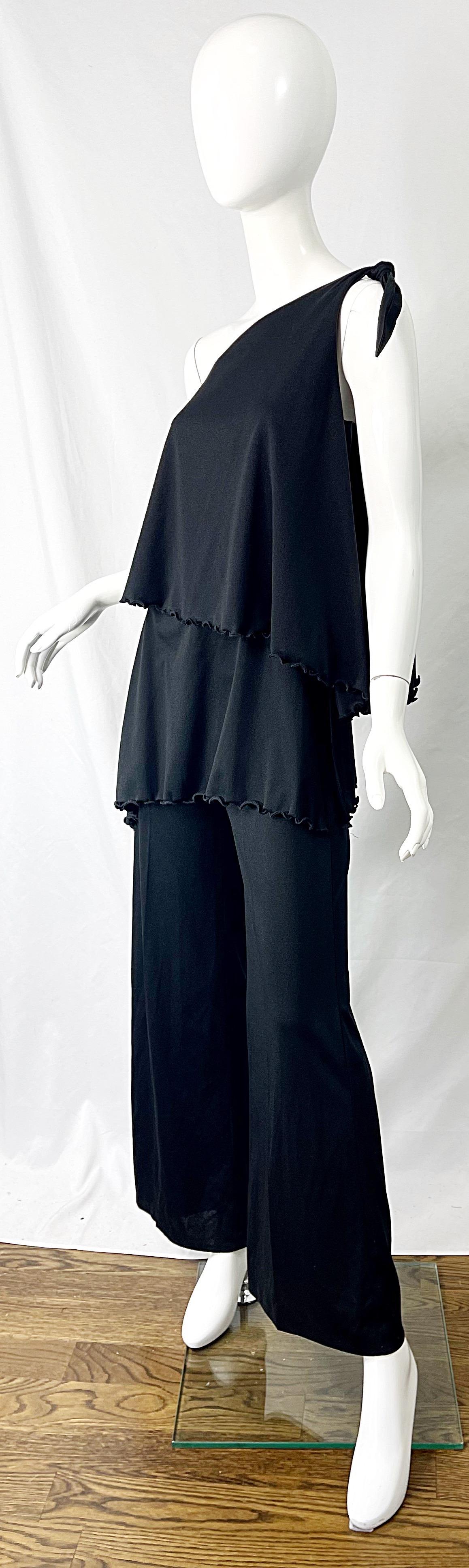 Women's 1970s Black One Shoulder Studio 54 Vintage Jersey 70s Disco Toga Jumpsuit 