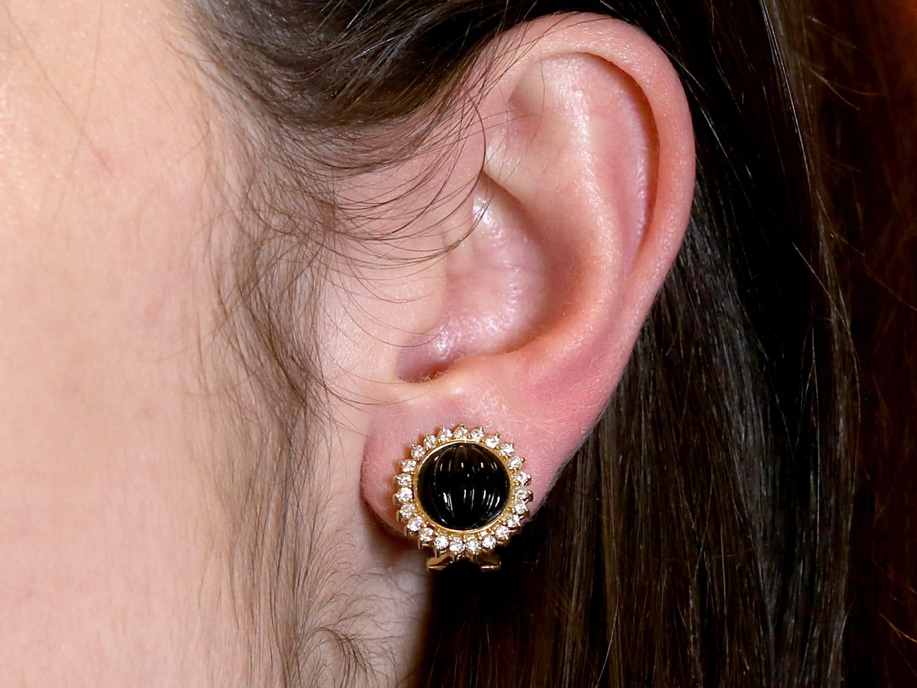 Women's 1970s, Black Onyx Diamond Yellow Gold Earrings For Sale