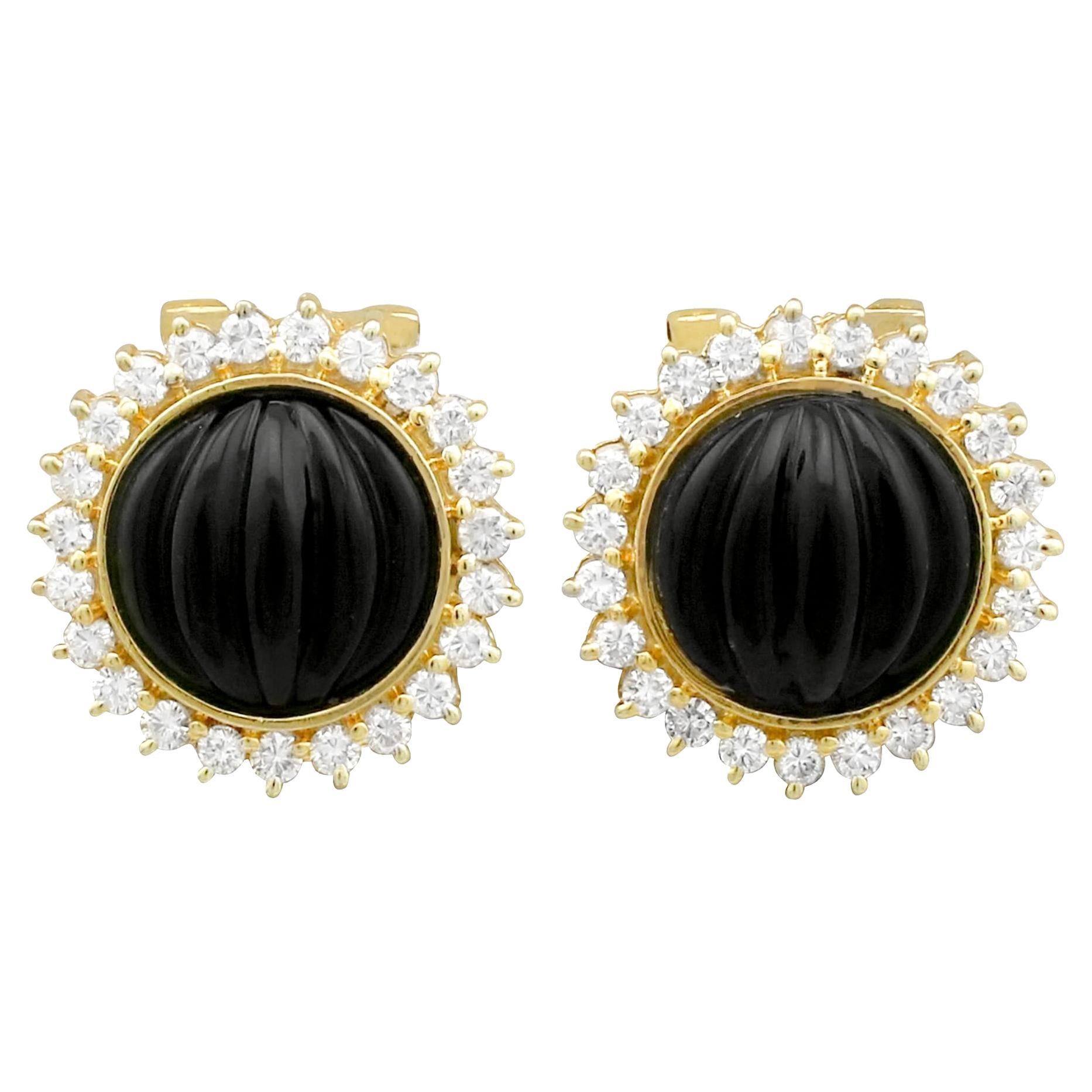 1970er Schwarzer Onyx Diamant Gelbgold Ohrringe