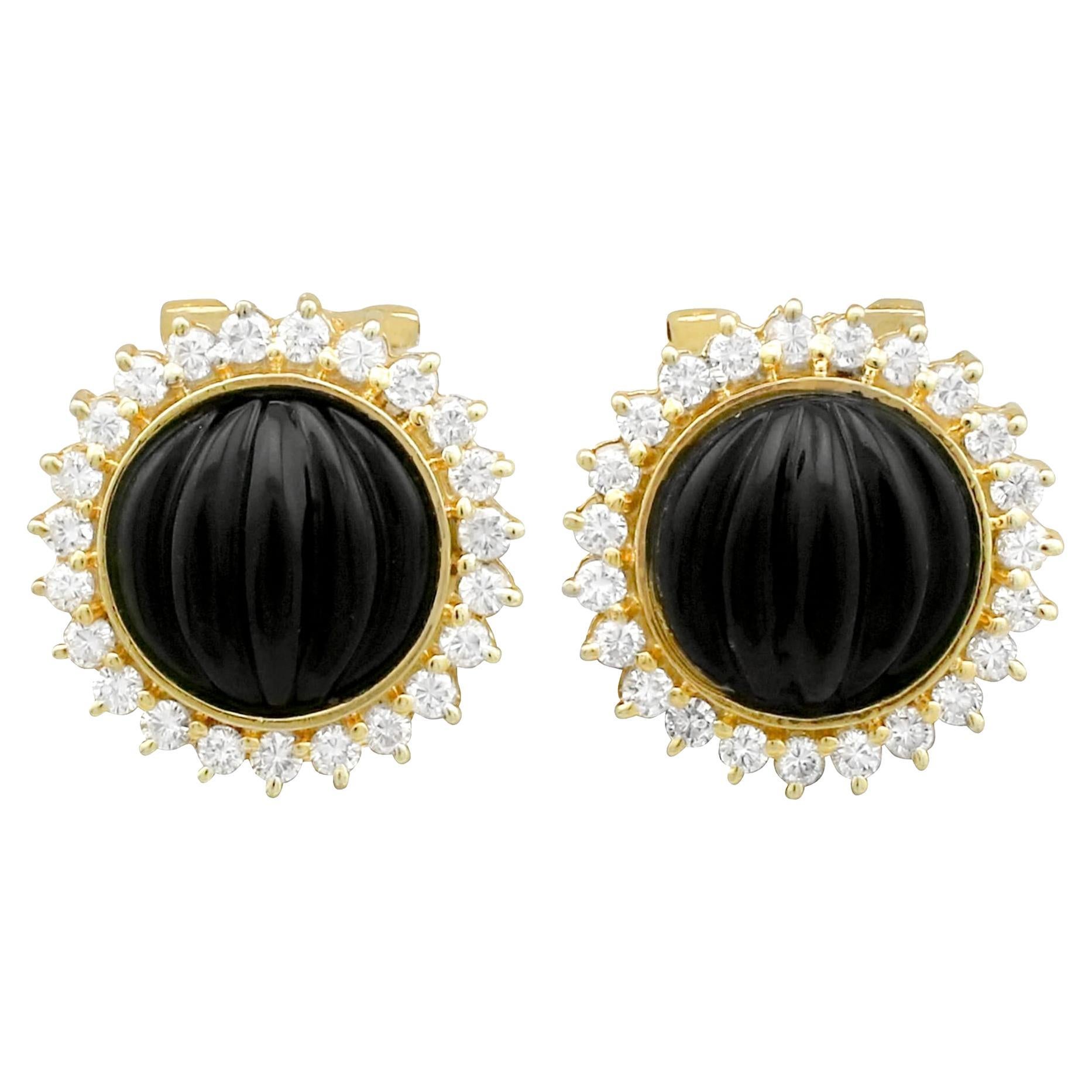 1970s, Black Onyx Diamond Yellow Gold Earrings For Sale