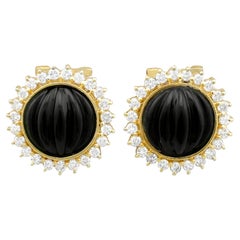 1970s, Black Onyx Diamond Yellow Gold Earrings