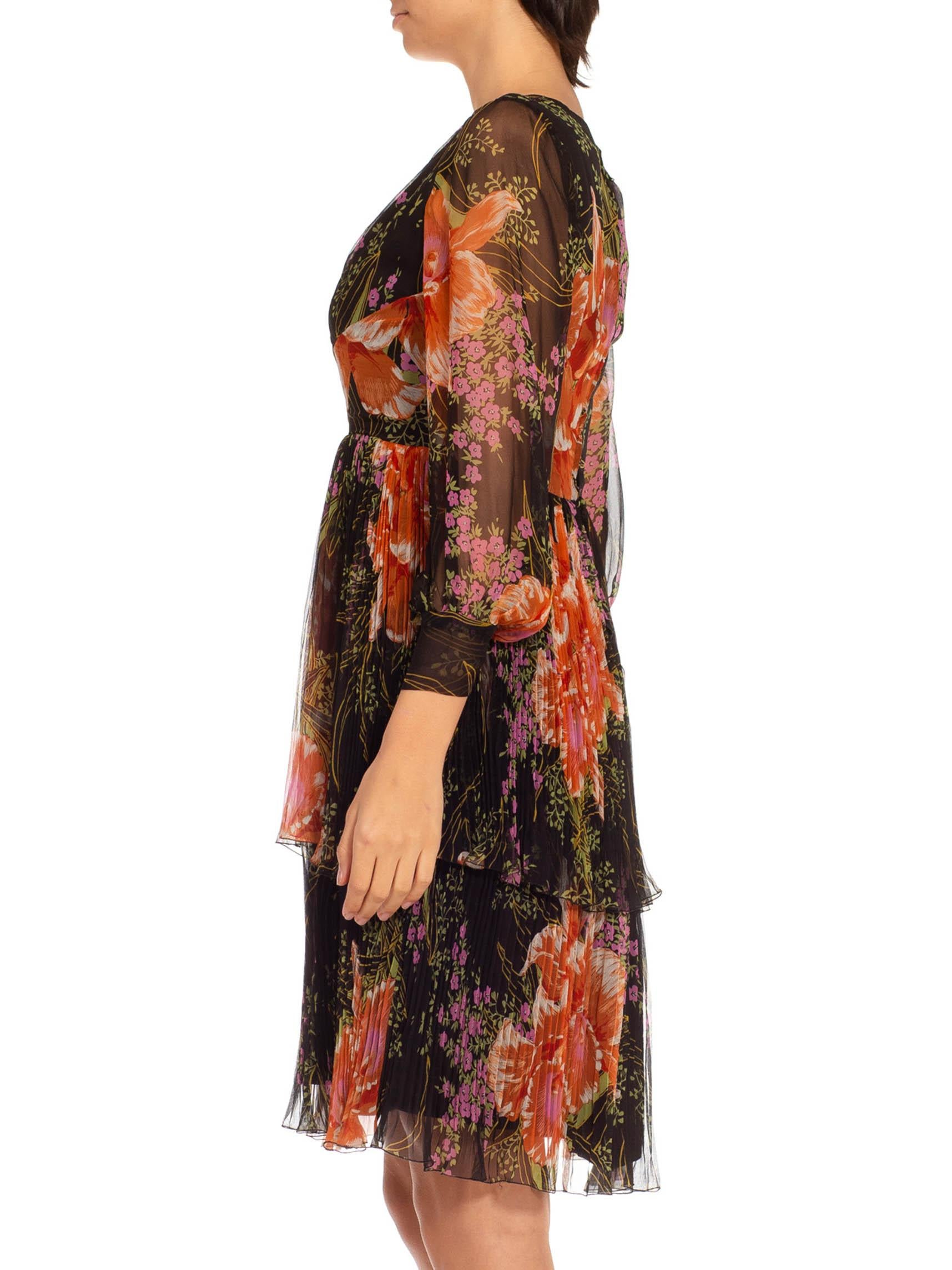 Beautiful French finishing  1970S Black & Orange Silk Chiffon Parisian Floral Dress 