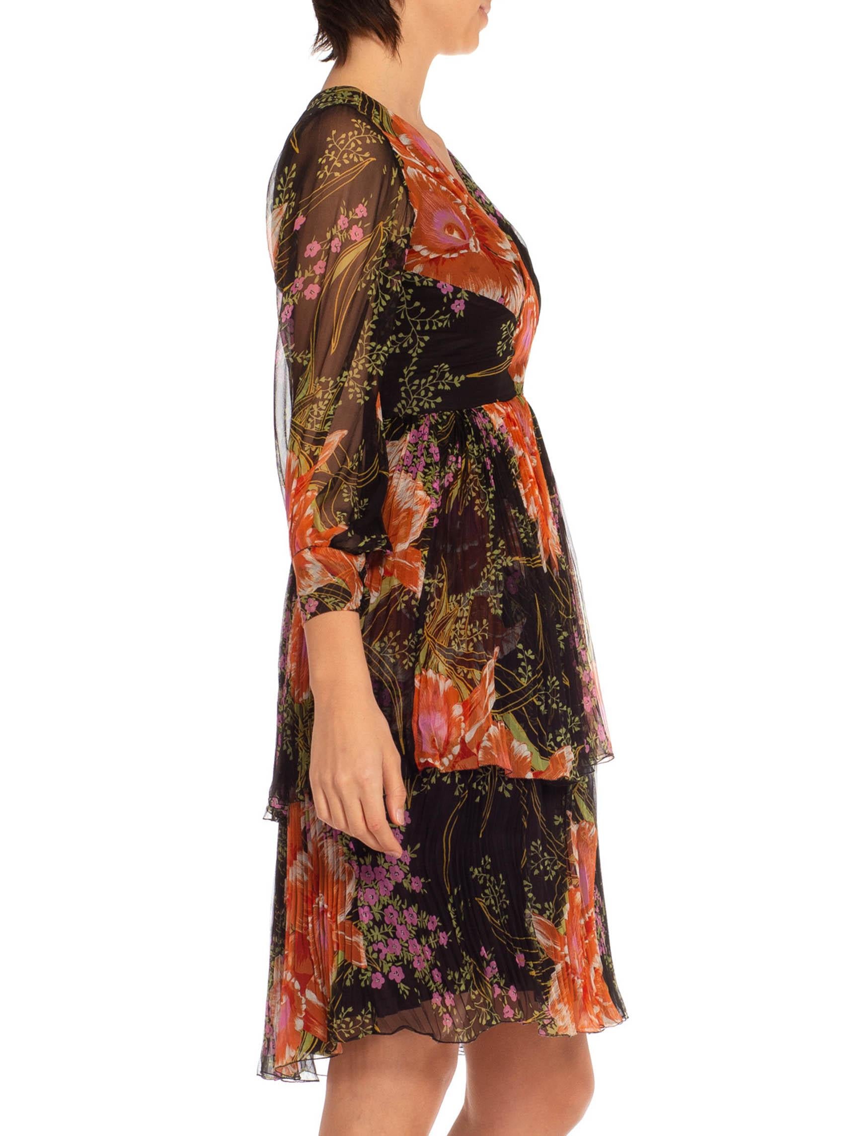 Brown 1970S Black & Orange Silk Chiffon Parisian Floral Dress For Sale