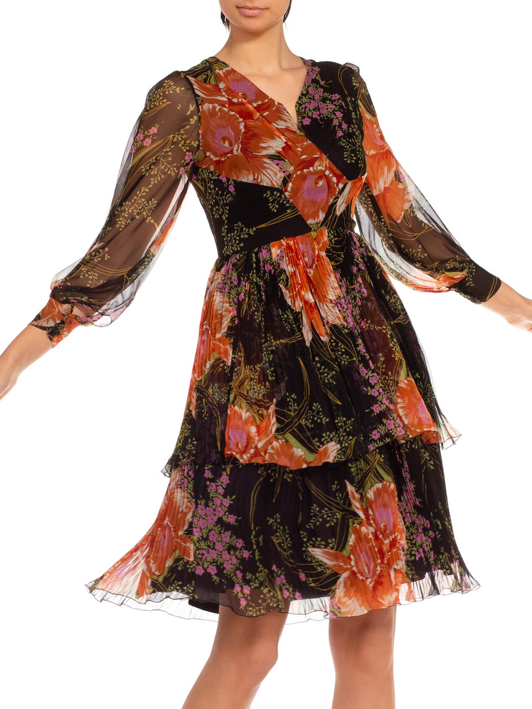 1970S Black & Orange Silk Chiffon Parisian Floral Dress In Excellent Condition For Sale In New York, NY