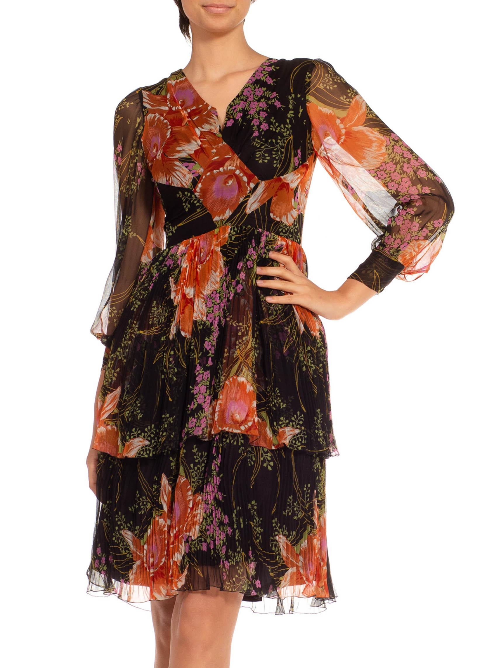 Men's 1970S Black & Orange Silk Chiffon Parisian Floral Dress For Sale