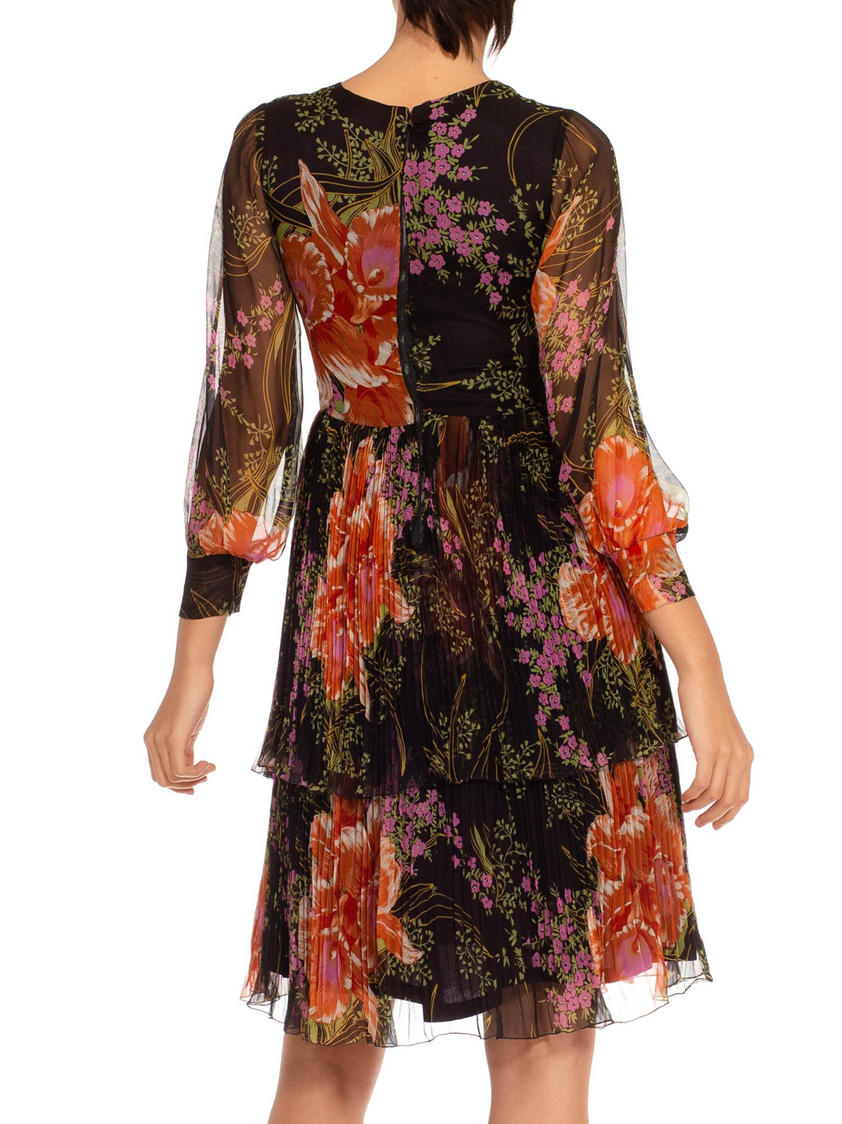 1970S Black & Orange Silk Chiffon Parisian Floral Dress For Sale 1