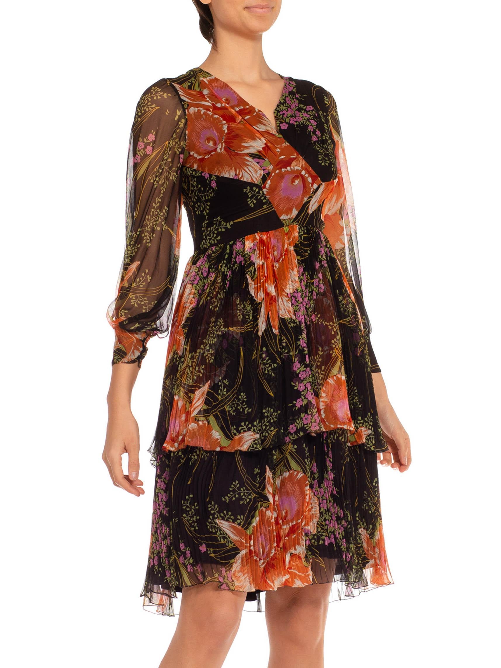 1970S Black & Orange Silk Chiffon Parisian Floral Dress For Sale 2