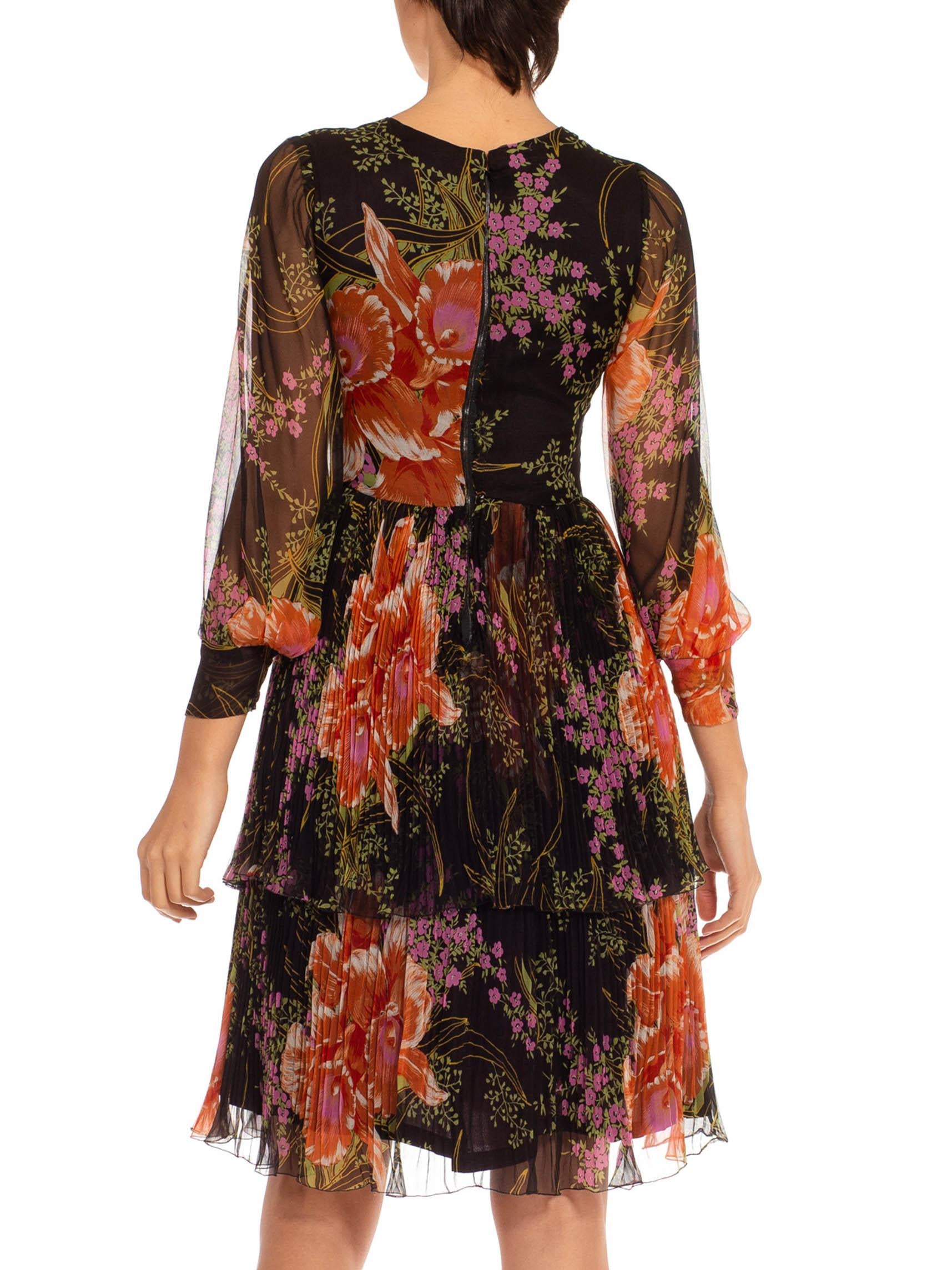 1970S Black & Orange Silk Chiffon Parisian Floral Dress For Sale 3