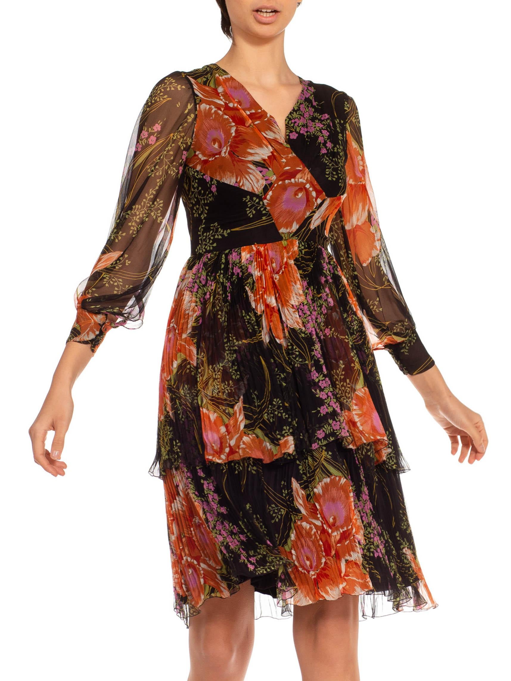 1970S Black & Orange Silk Chiffon Parisian Floral Dress For Sale 4