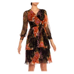 Pariser geblümtes Seidenchiffonkleid in Schwarz & Orange aus den 1970er Jahren