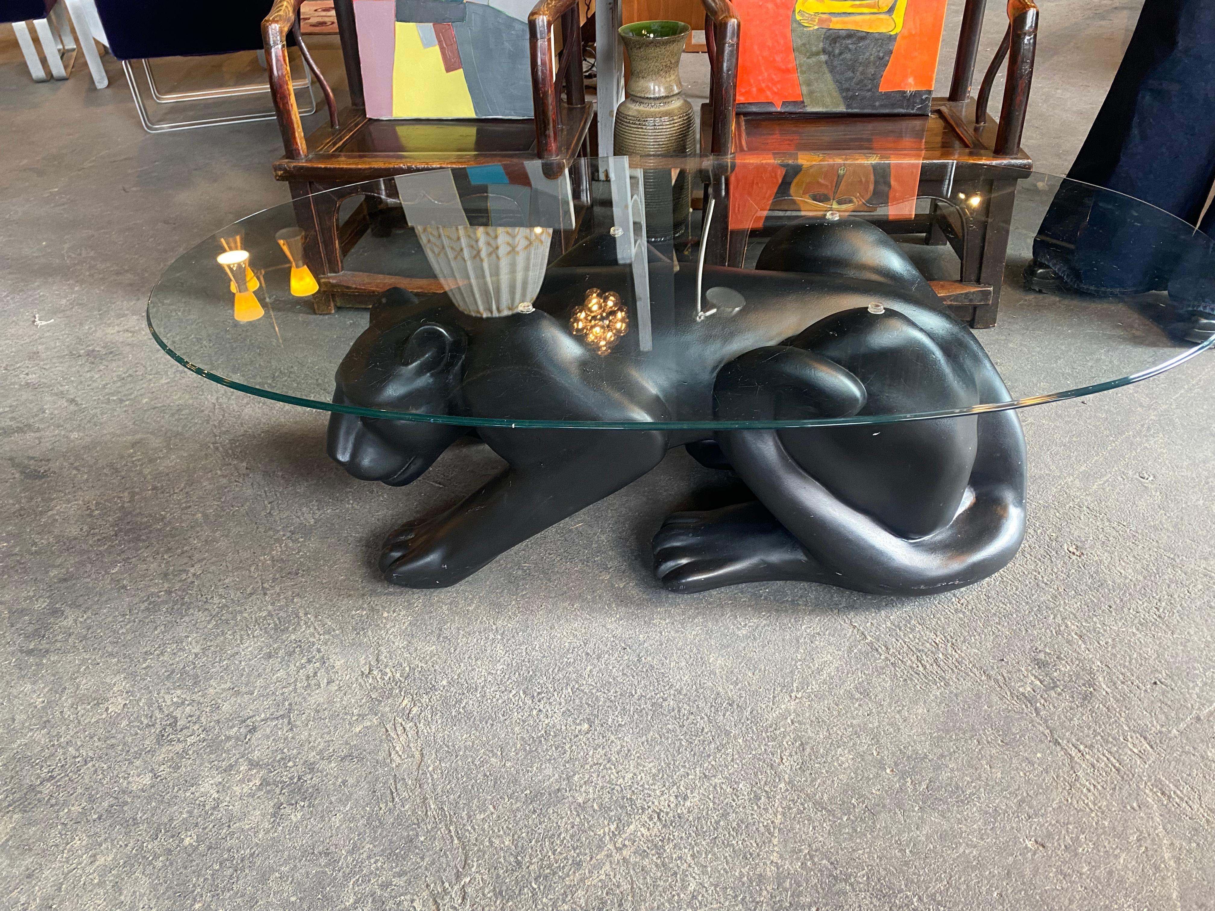 1970s Black Panther Cocktail Table, composition and glass For Sale 2