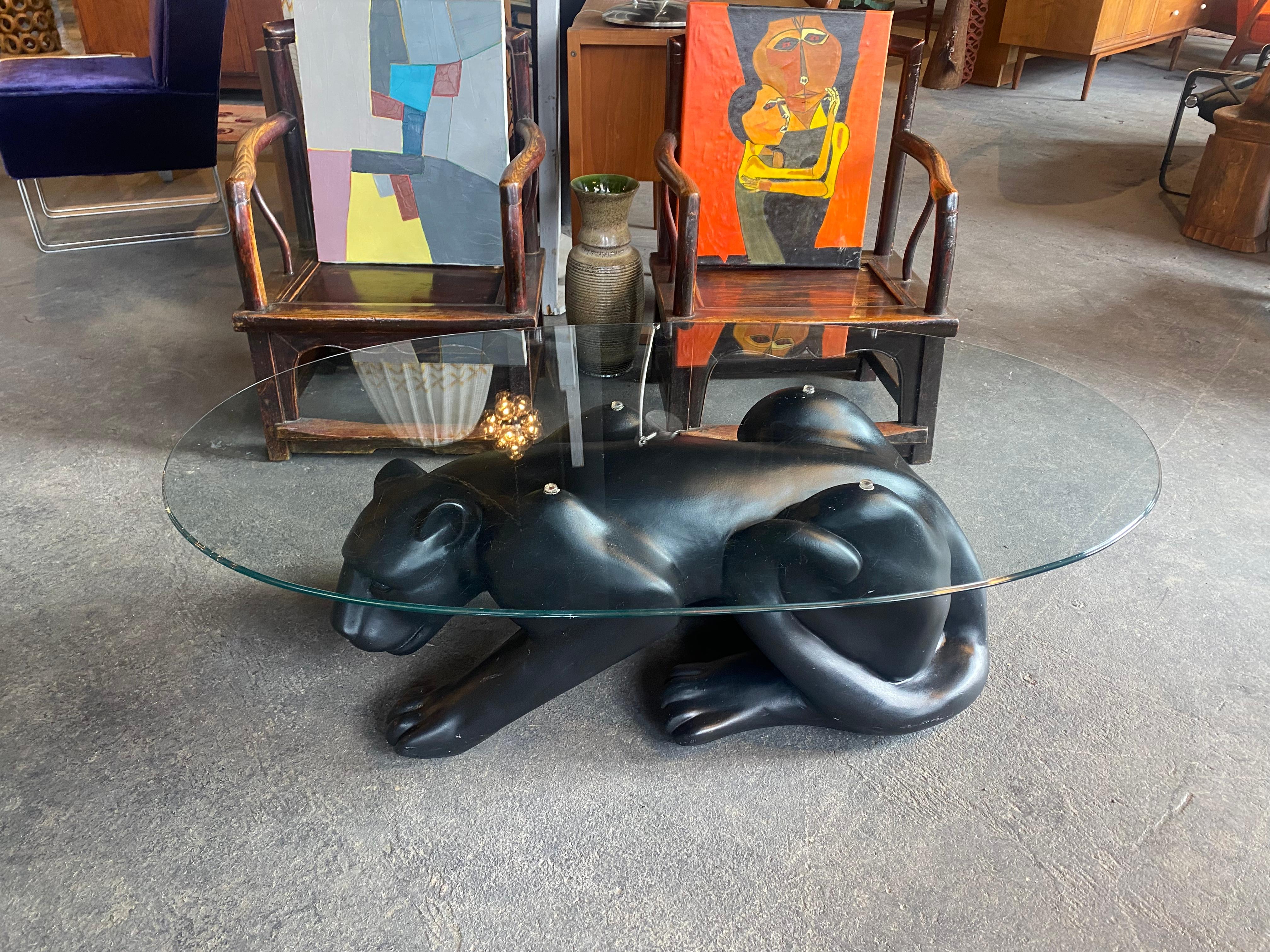 1970s Black Panther Cocktail Table, composition and glass In Good Condition For Sale In Buffalo, NY