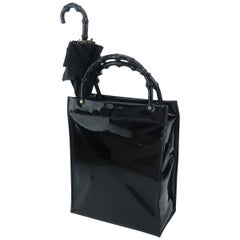 1970's Black Patent Tote Handbag With Bamboo Look Handles & Umbrella