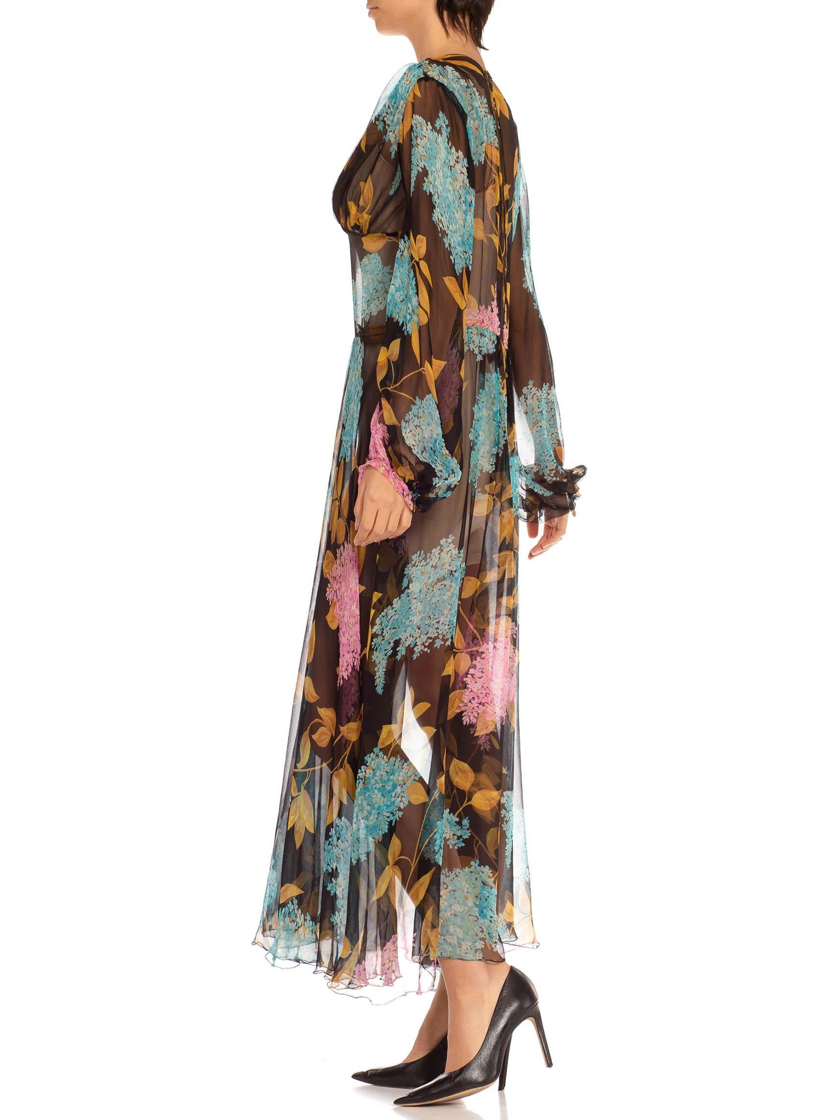 French hand finishing throughout 1970S Black Pink & Blue Silk Chiffon Floral Sheer Dress 