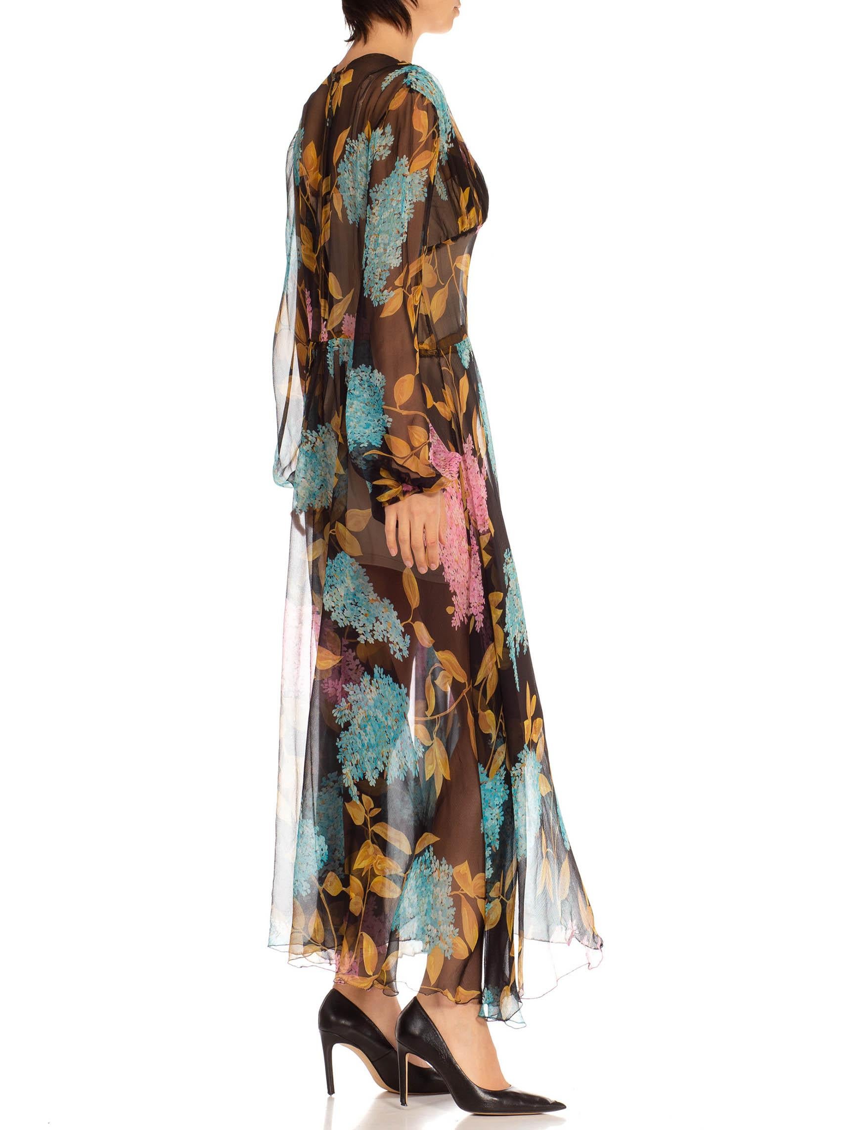 Brown 1970S Black Pink & Blue Silk Chiffon Floral Sheer Dress For Sale