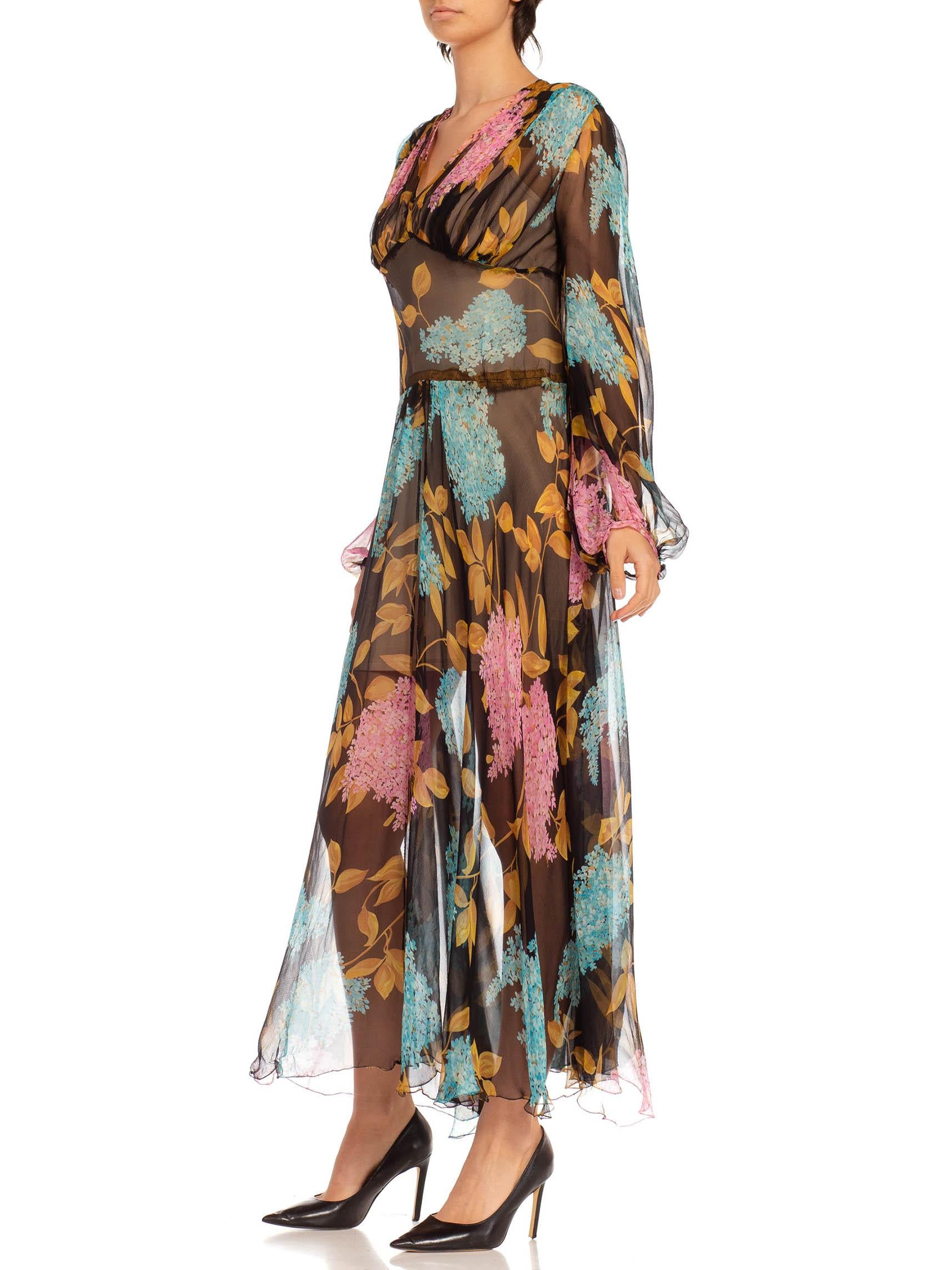 1970S Black Pink & Blue Silk Chiffon Floral Sheer Dress For Sale 1
