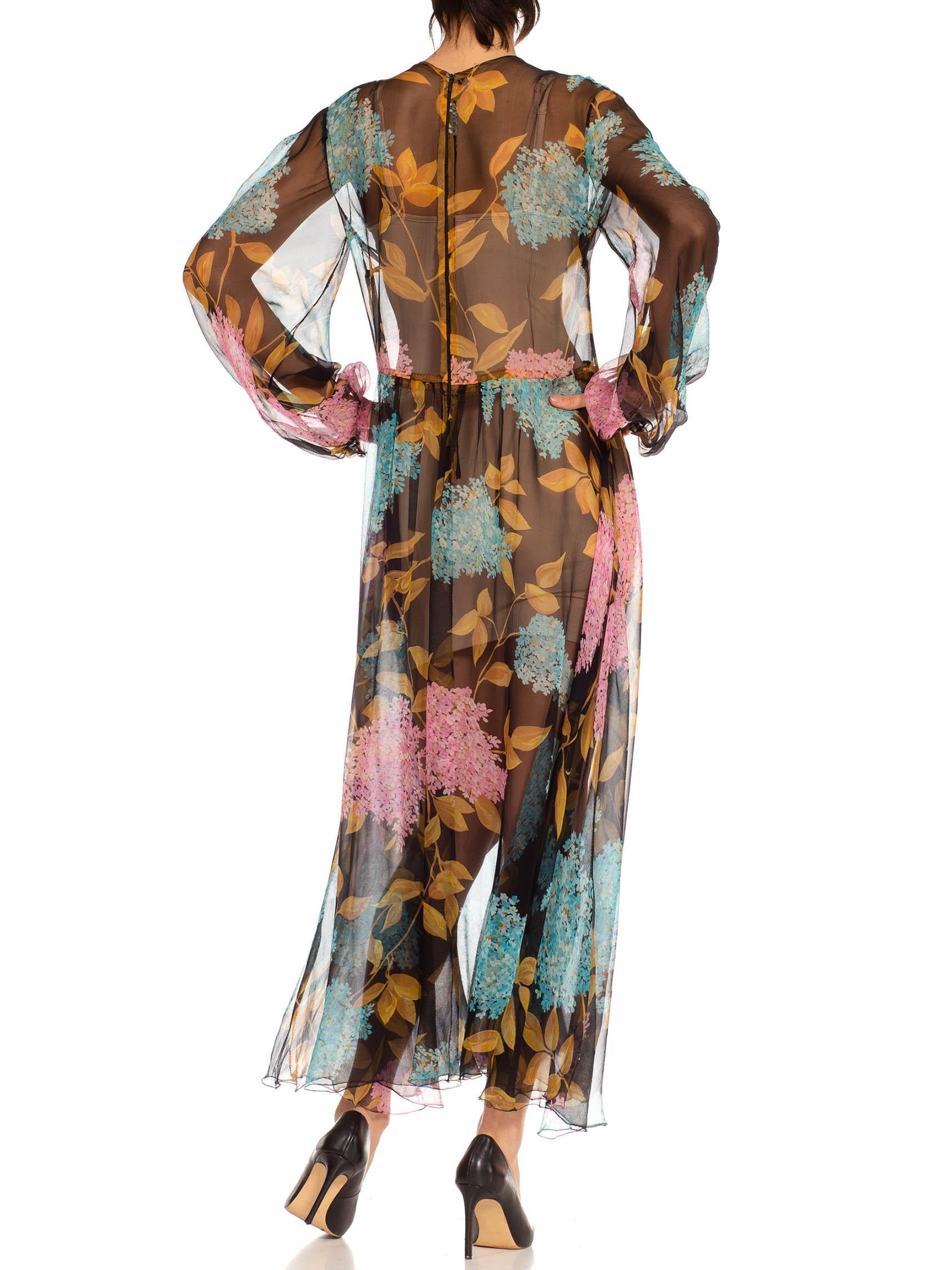 1970S Black Pink & Blue Silk Chiffon Floral Sheer Dress For Sale 2