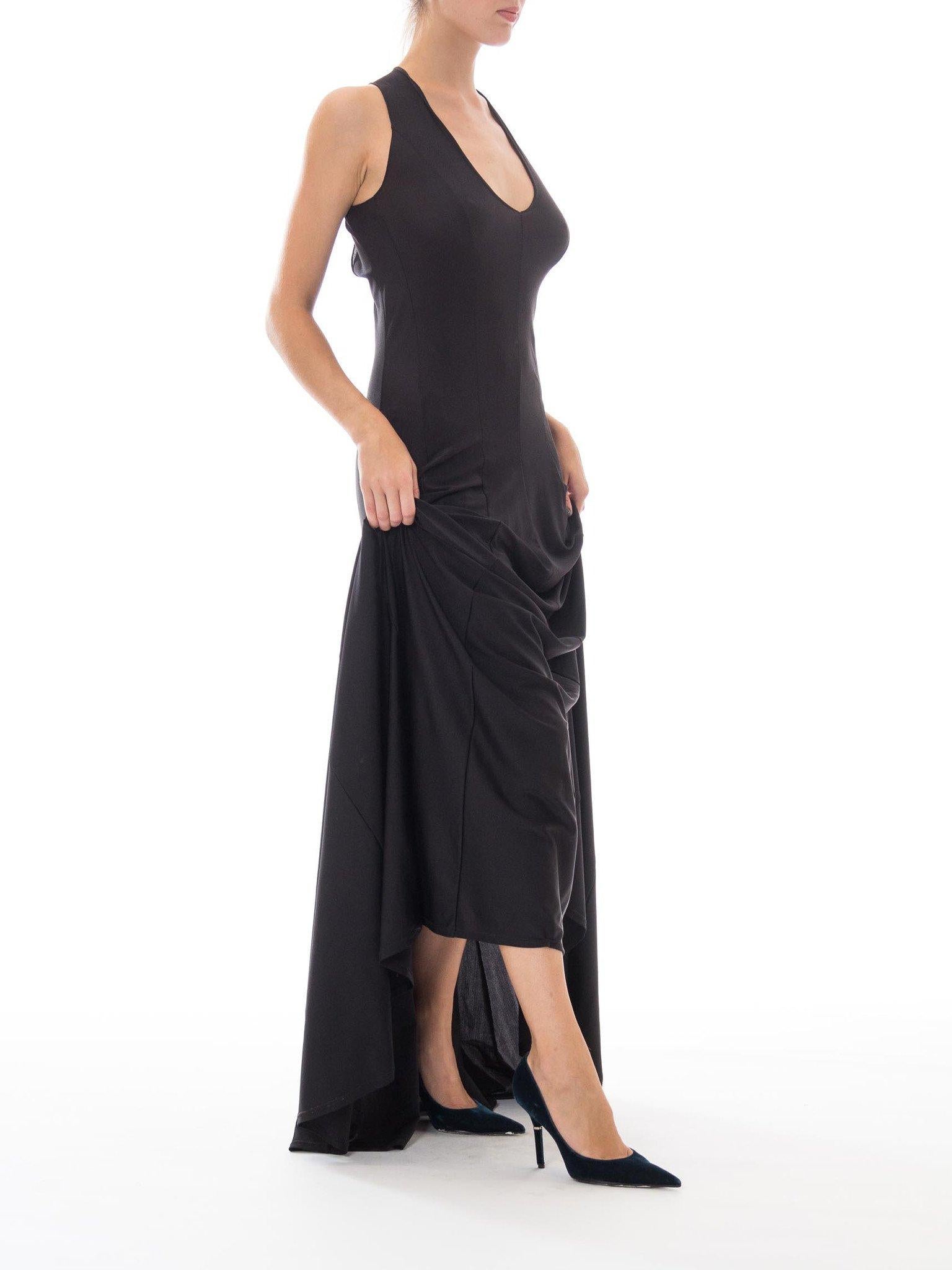 1970S Black Poly/Lycra Jersey Deep V-Neck Extra Long Gown In Excellent Condition In New York, NY