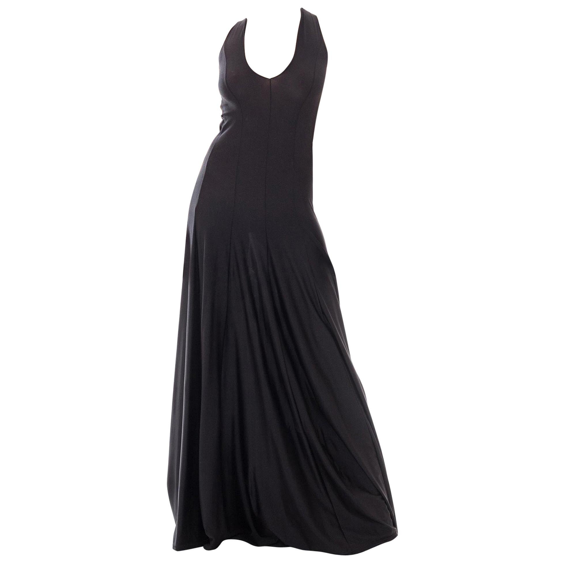 1970S Black Poly/Lycra Jersey Deep V-Neck Extra Long Gown