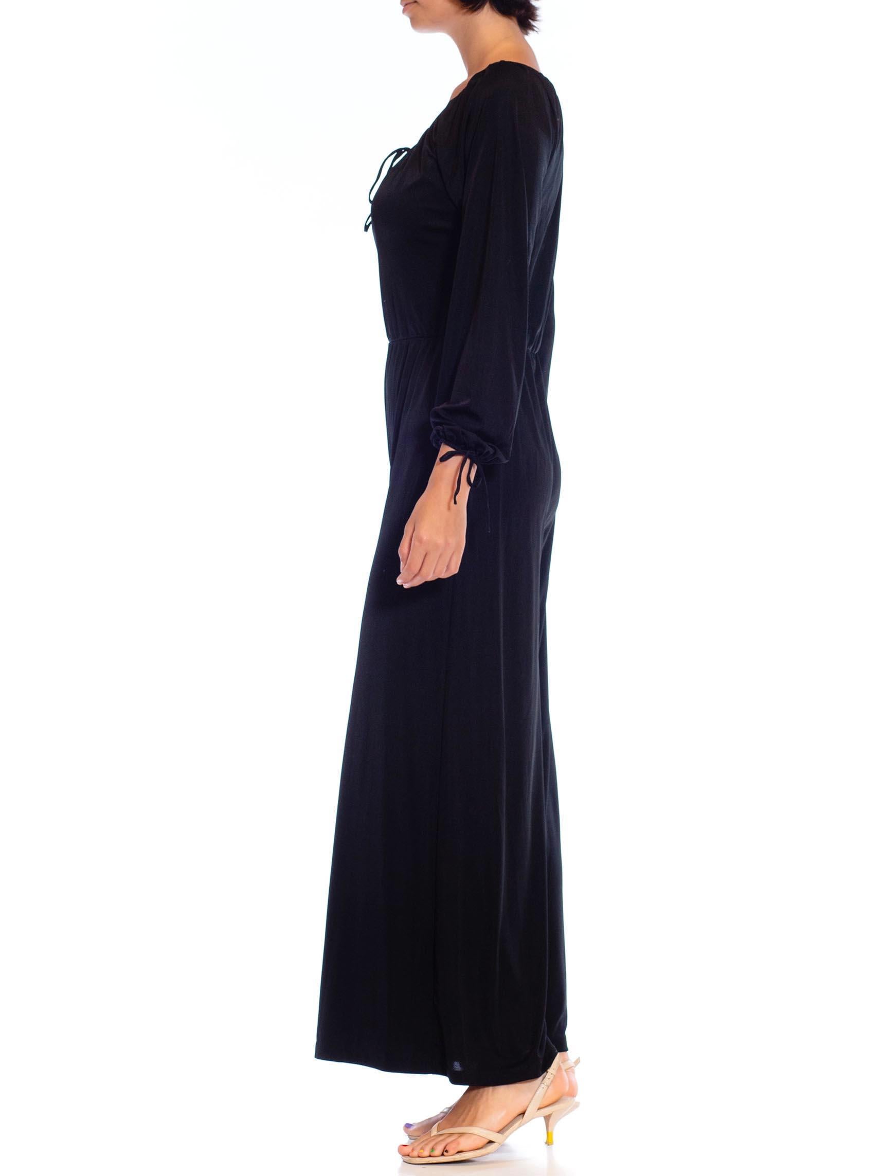 1970S Black Poly/Nylon Tricot Jersey Wide Legged Boho Jumpsuit In Excellent Condition For Sale In New York, NY