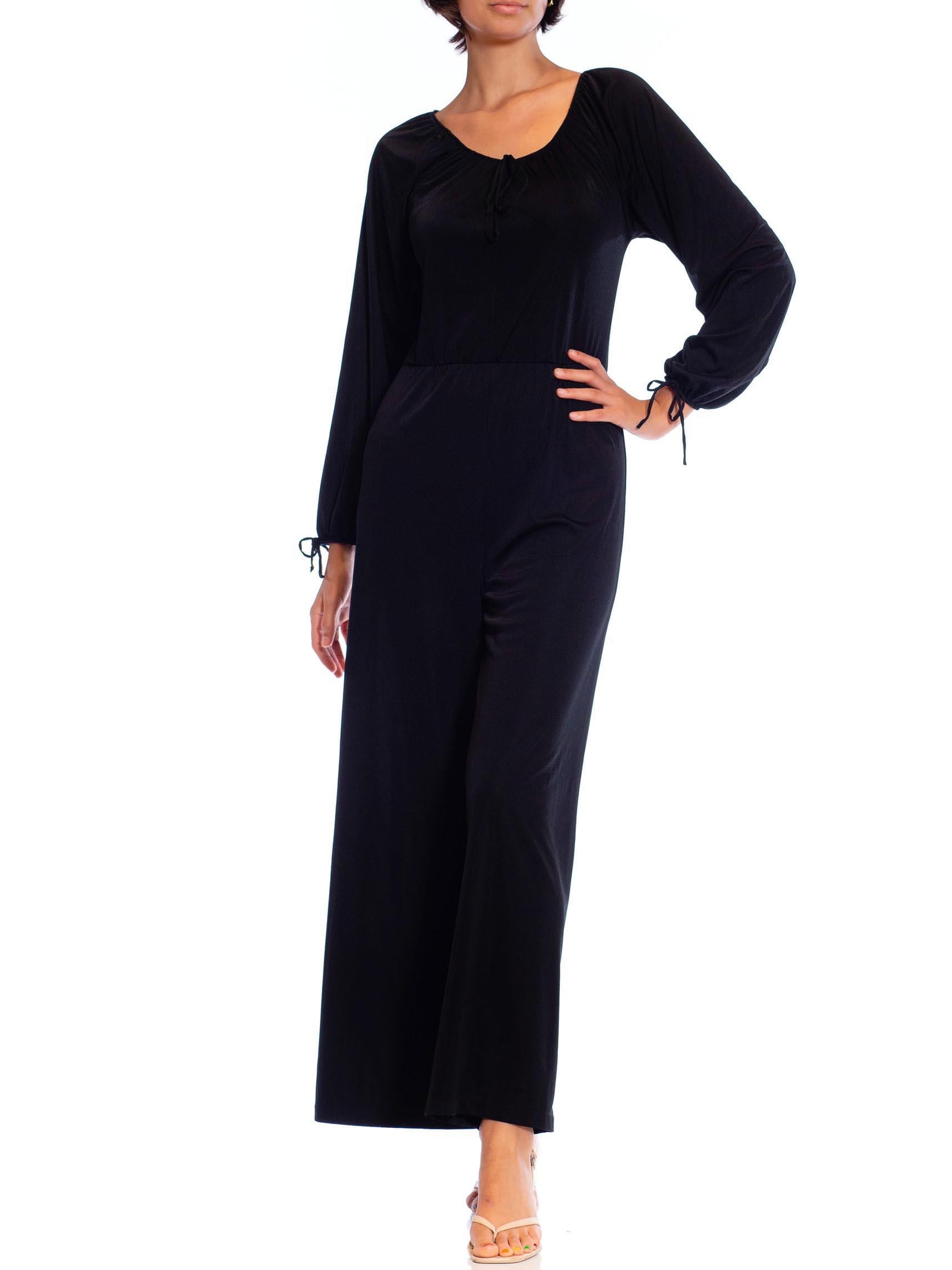 1970S Black Poly/Nylon Tricot Jersey Wide Legged Boho Jumpsuit For Sale 2