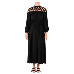 1970S Black Polyester Jersey Dress With Lattice Work Neckline 1970S Black Polyester Jersey Dress With Lattice Work Neckline
