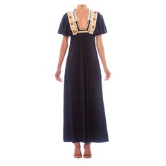 1970S Black Polyester Jersey Flutter Sleeve  Dress With Vintage 70S Lace Trims