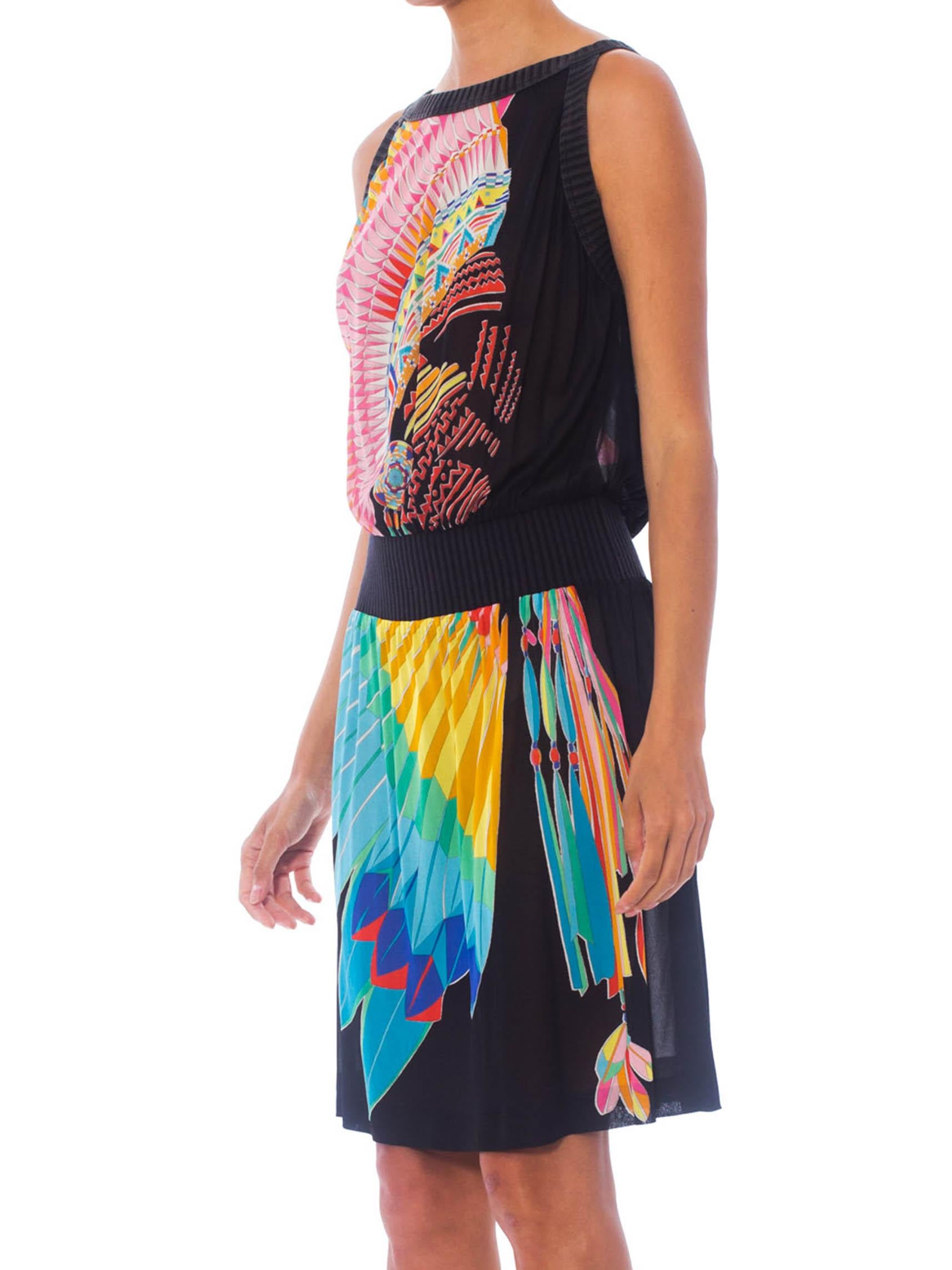 1970S Black Polyester Jersey Native American Feather & Bead Work Printed Dress Made In Italy