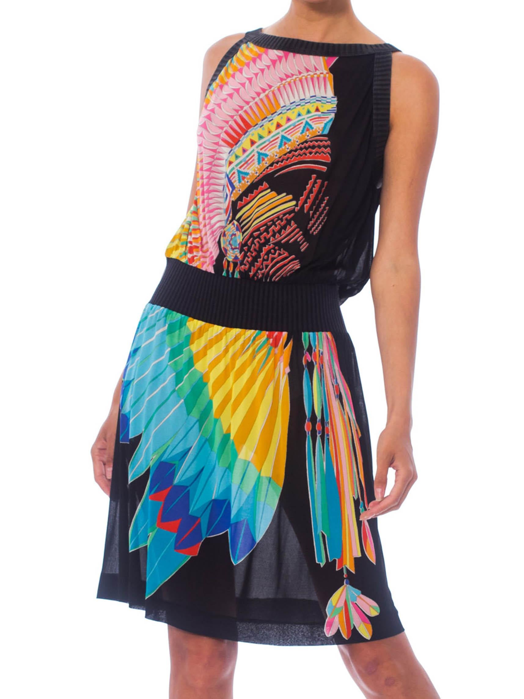 1970S Black Polyester Jersey Native American Feather & Bead Work Printed Dress  3