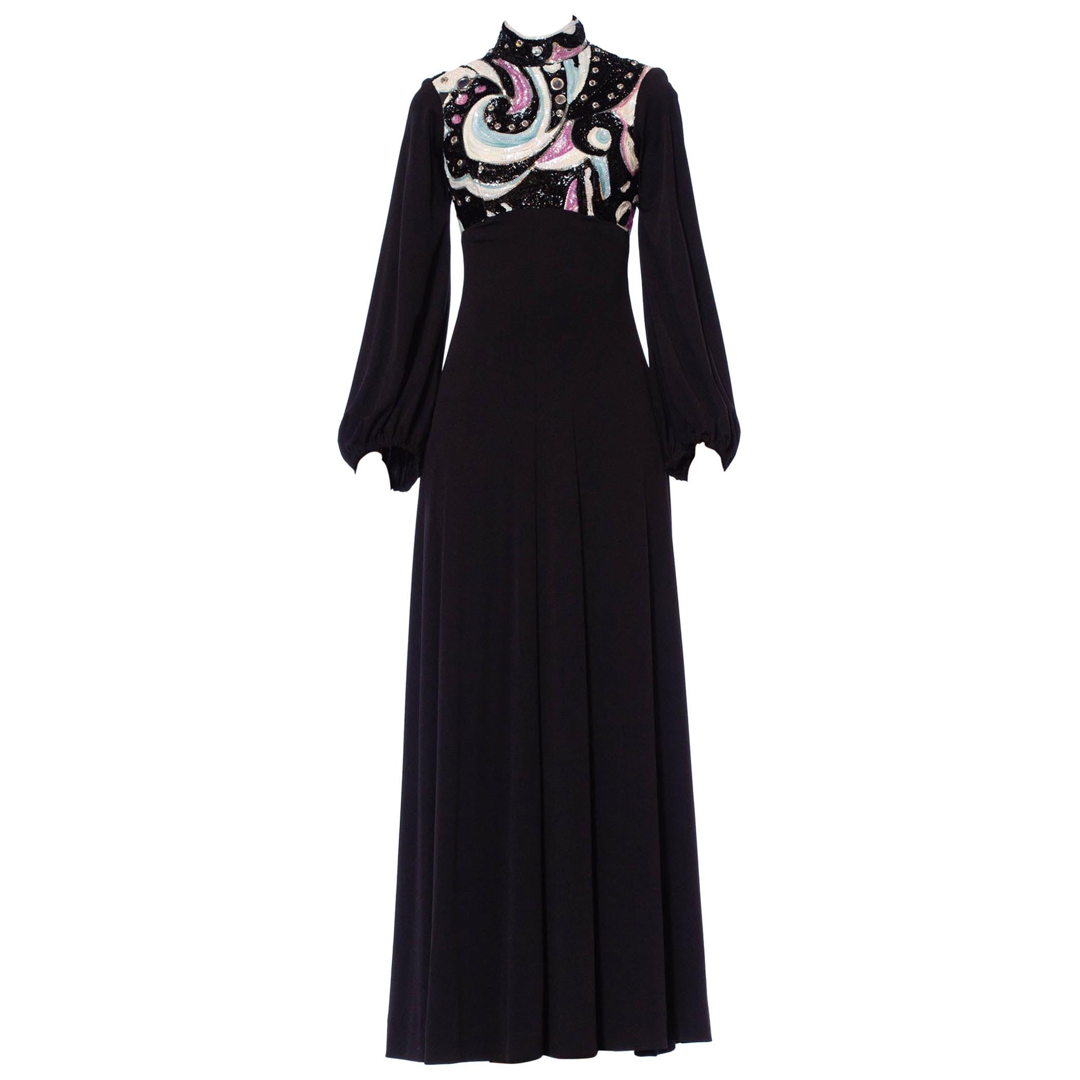 1970S Black Polyester Jersey Psycadellic Beaded Gown Reportedly From The Cher S