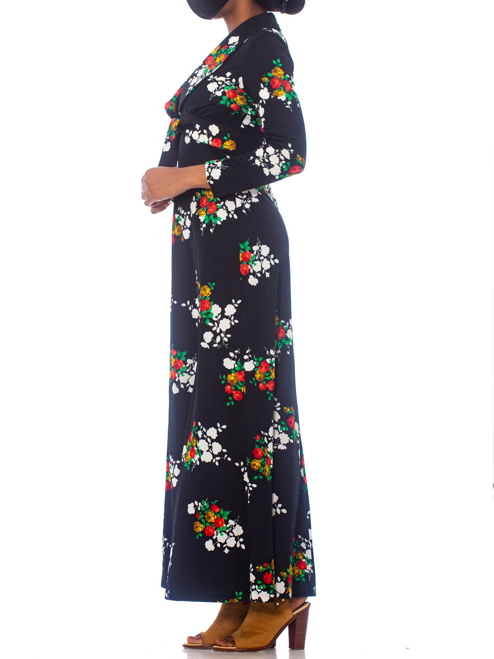 Women's 1970'S Black Polyester Jersey Rose Print Halter Disco Dress With Matching Jacket