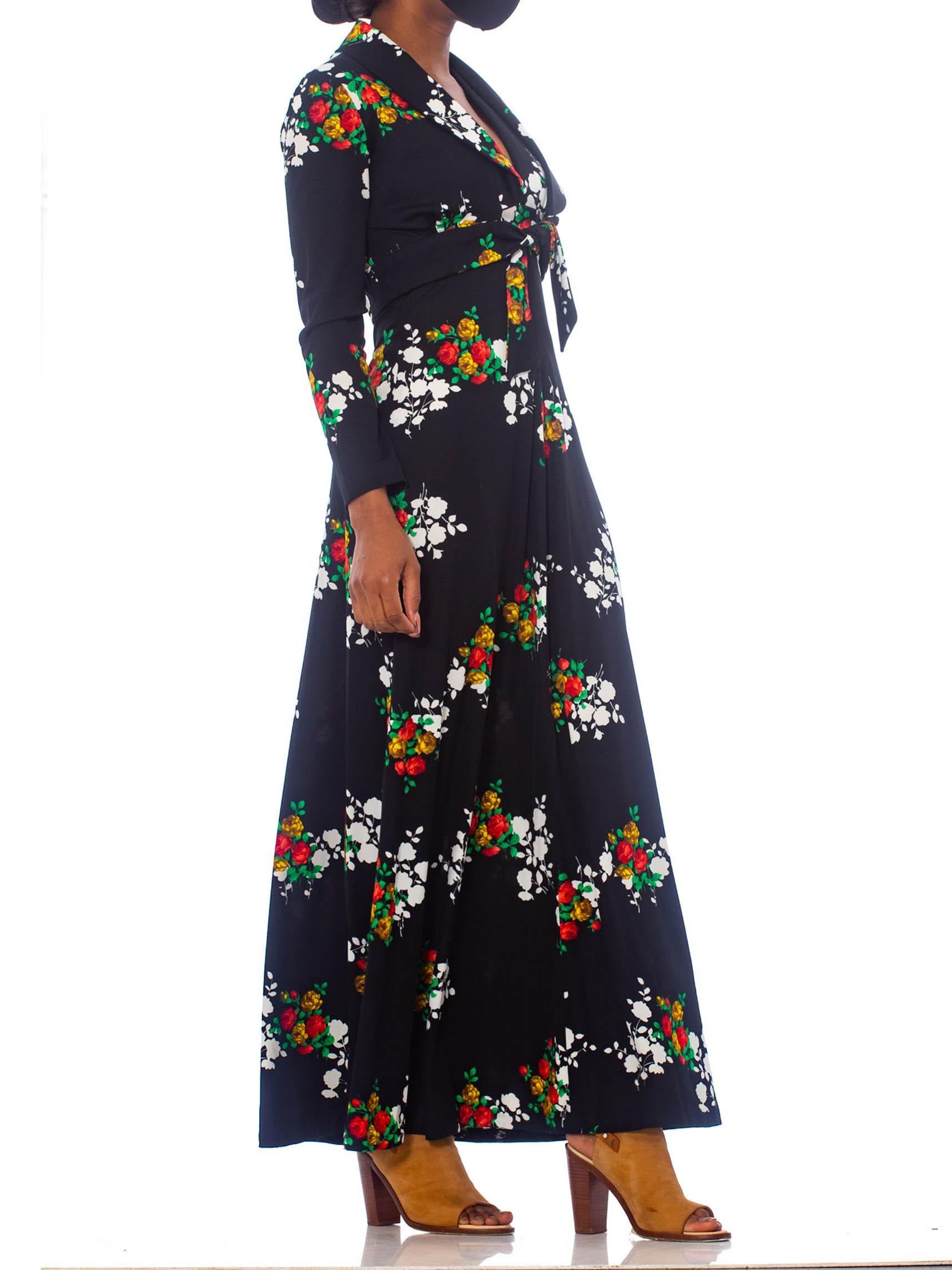 1970'S Black Polyester Jersey Rose Print Halter Disco Dress With Matching Jacket 2