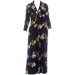 1970'S Black Polyester Jersey Rose Print Halter Disco Dress With Matching Jacket