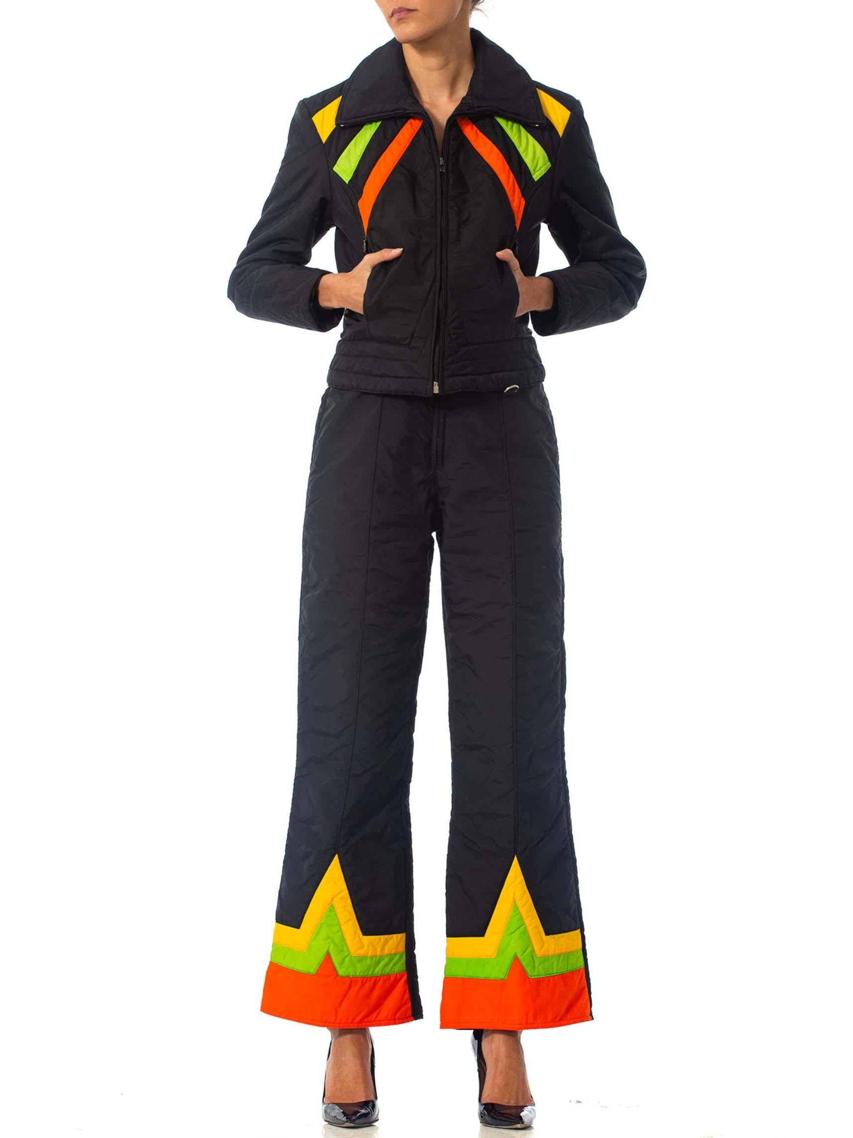 1970S Black Polyester Ski Wear Ensemble With Orange & Yellow Details In Excellent Condition In New York, NY