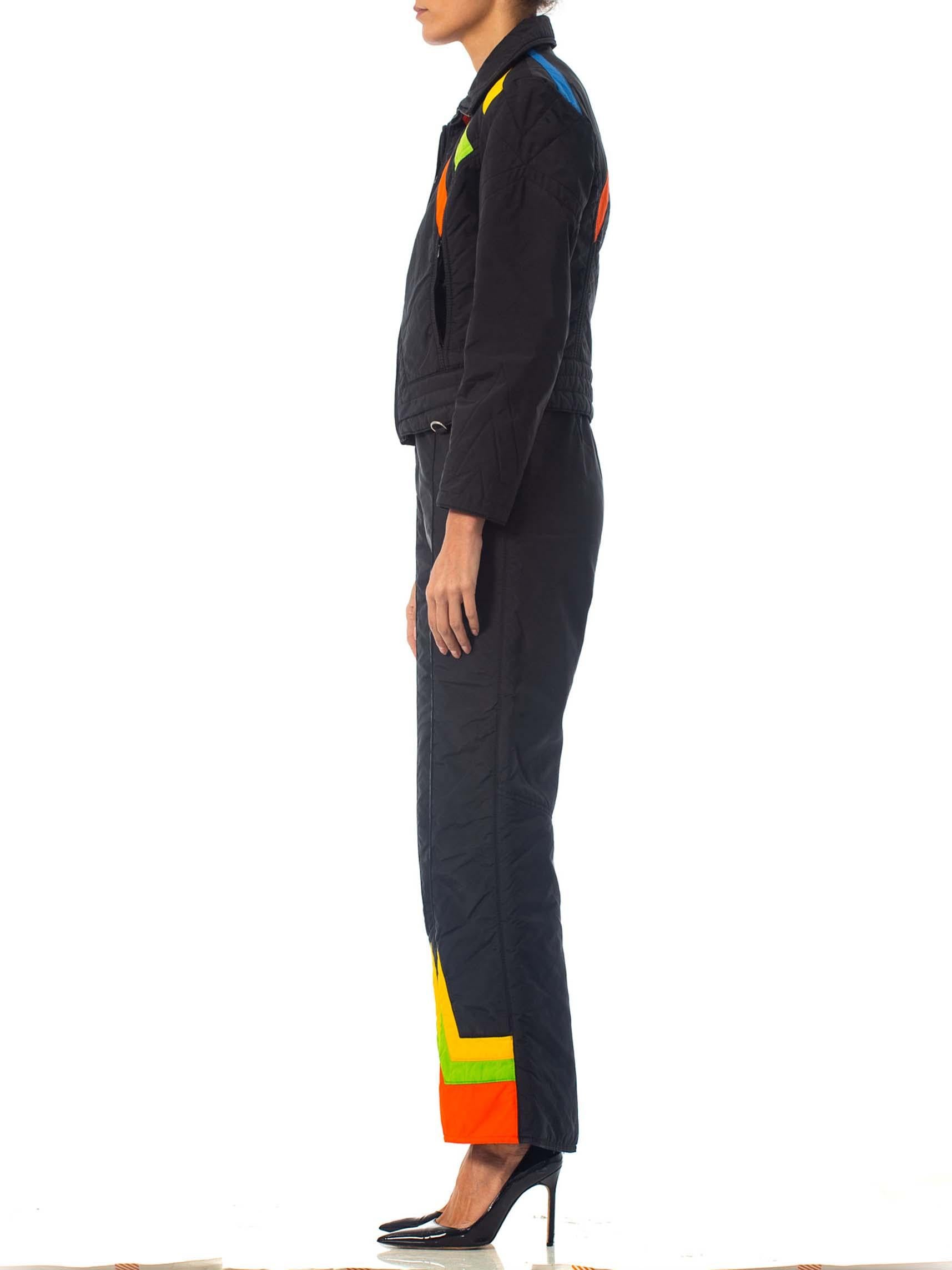 Women's 1970S Black Polyester Ski Wear Ensemble With Orange & Yellow Details