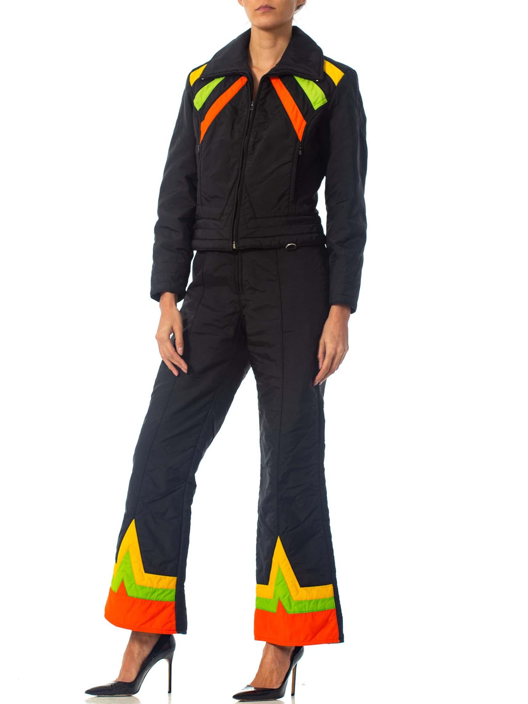 1970S Black Polyester Ski Wear Ensemble With Orange & Yellow Details 4