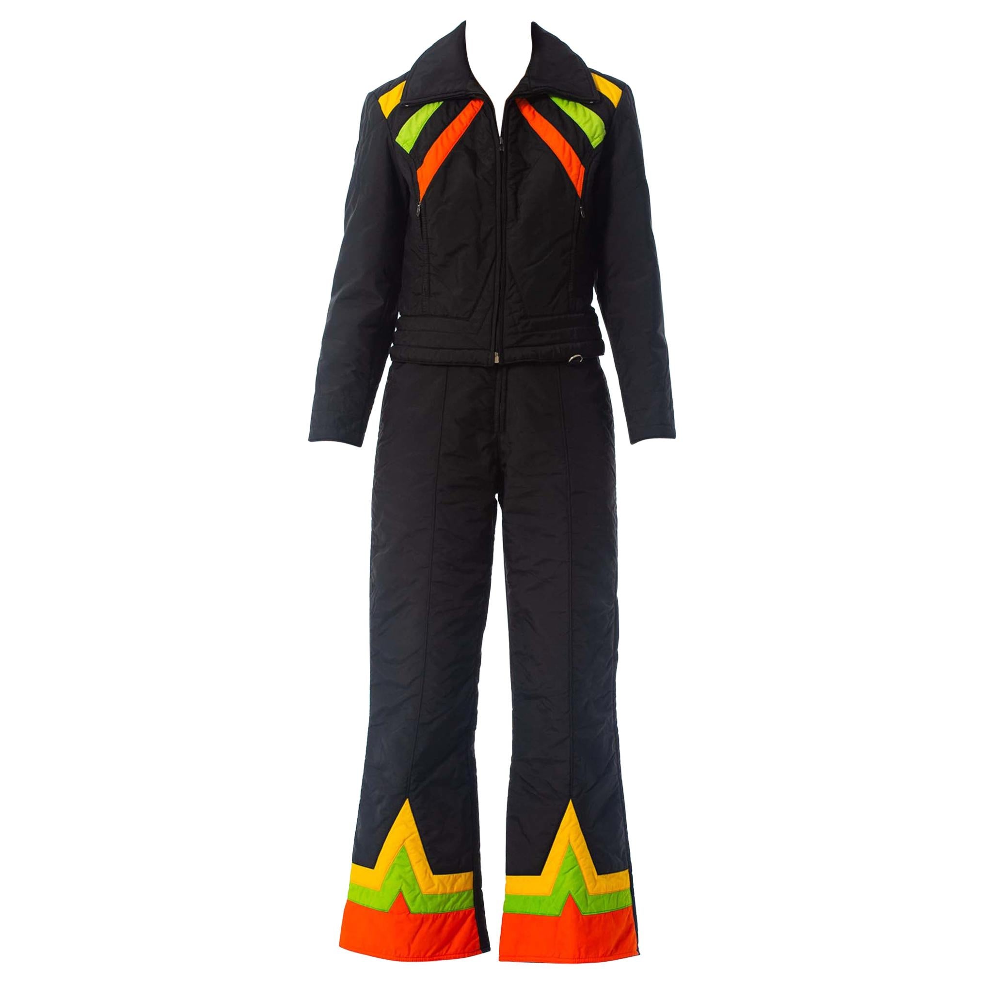 1970S Black Polyester Ski Wear Ensemble With Orange & Yellow Details