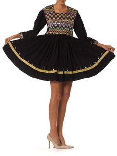 1970S Black Rayon Blend Hand Embroidered Middle Eastern Mediterranean Dress With