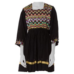 1970S Black Rayon Blend Hand Embroidered Middle Eastern Mediterranean Dress With