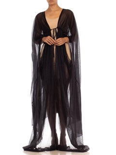 1970S Black Rayon Sheer Draped Robe