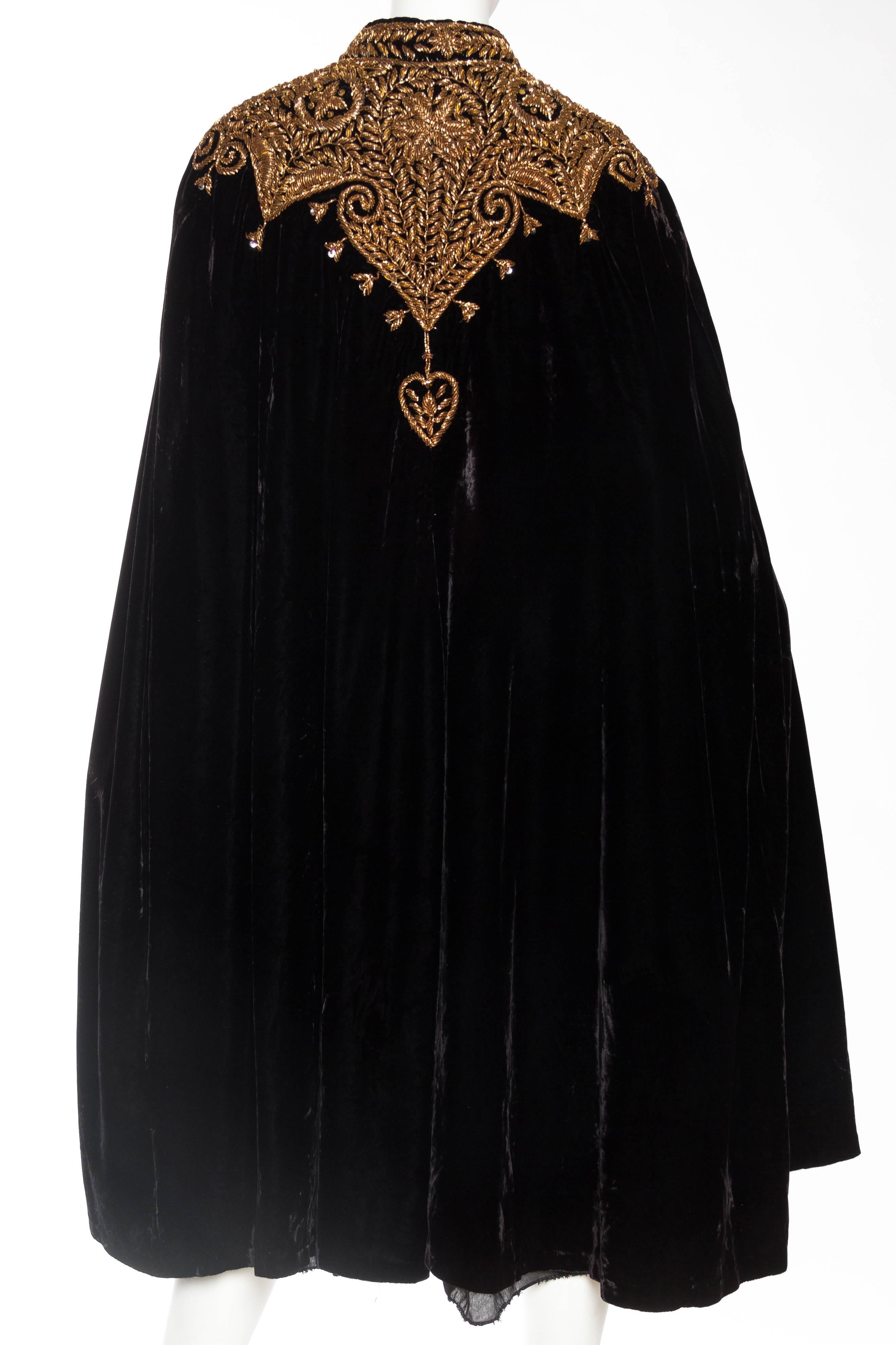 1970S Black Rayon Velvet Cape With Dramatic Real Copper Hand Embroidery 2