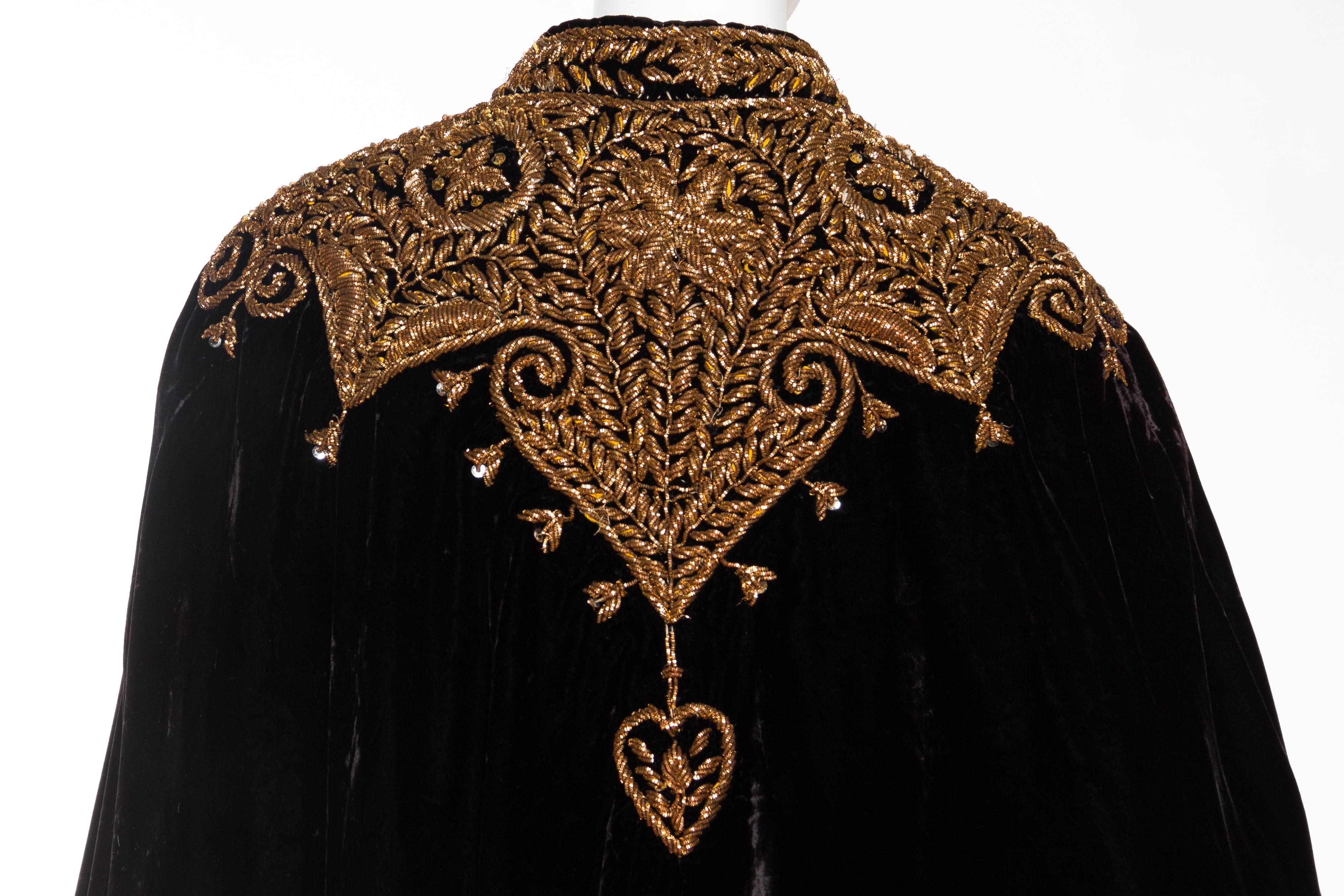 1970S Black Rayon Velvet Cape With Dramatic Real Copper Hand Embroidery 4
