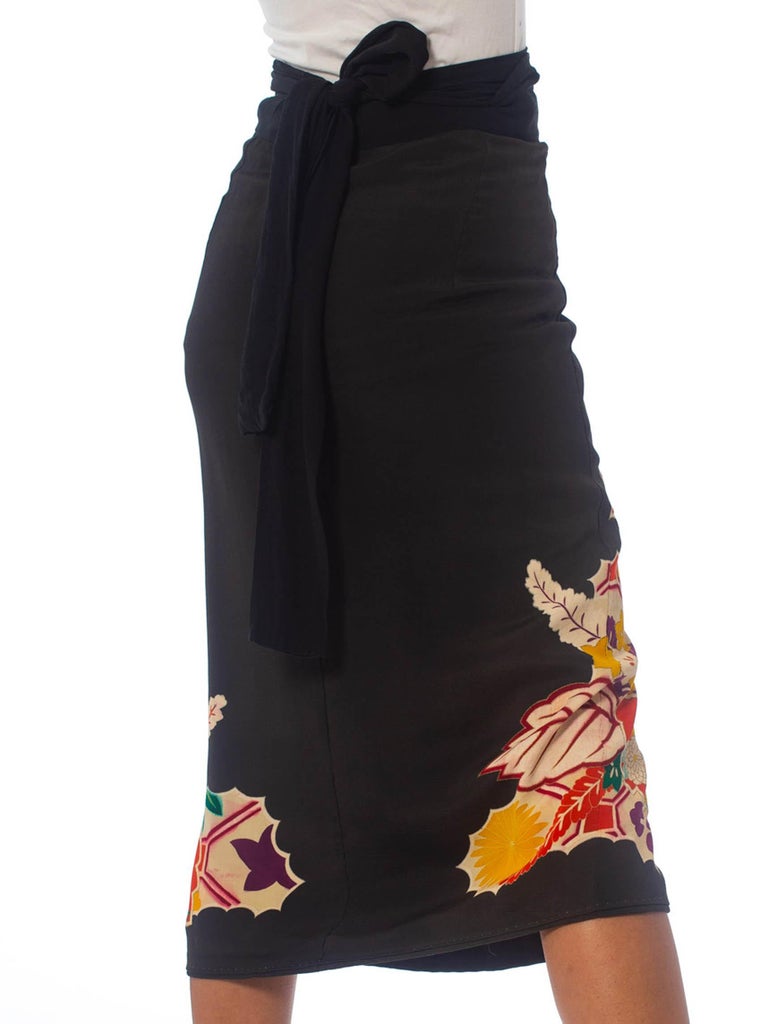 1970S Black Red Floral Wrap Skirt Made From Hand Painted Japanese Kimono  Silk For Sale at 1stDibs