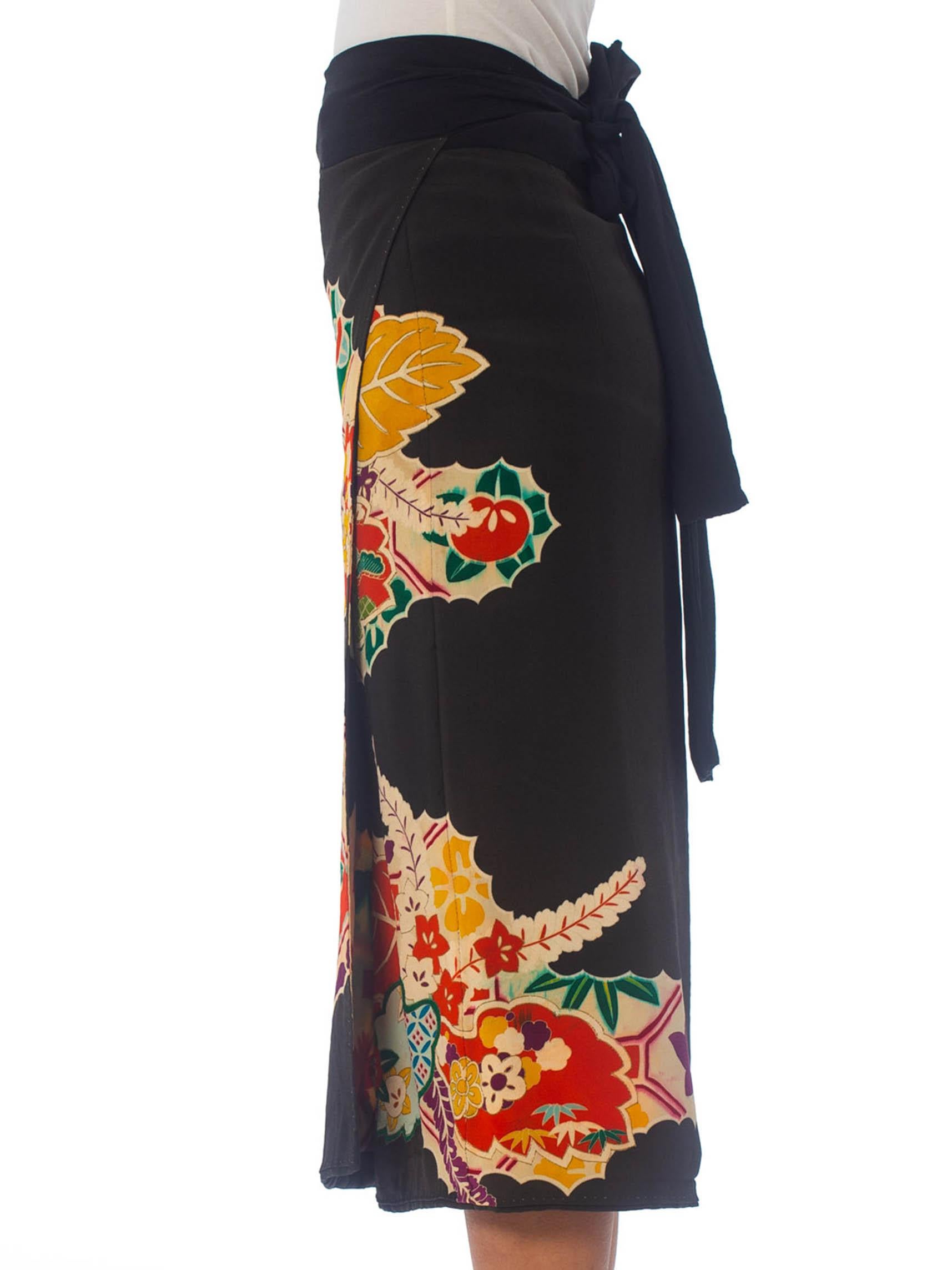 1970S Black Red Floral Wrap Skirt Made From Hand Painted Japanese Kimono Silk In Excellent Condition In New York, NY