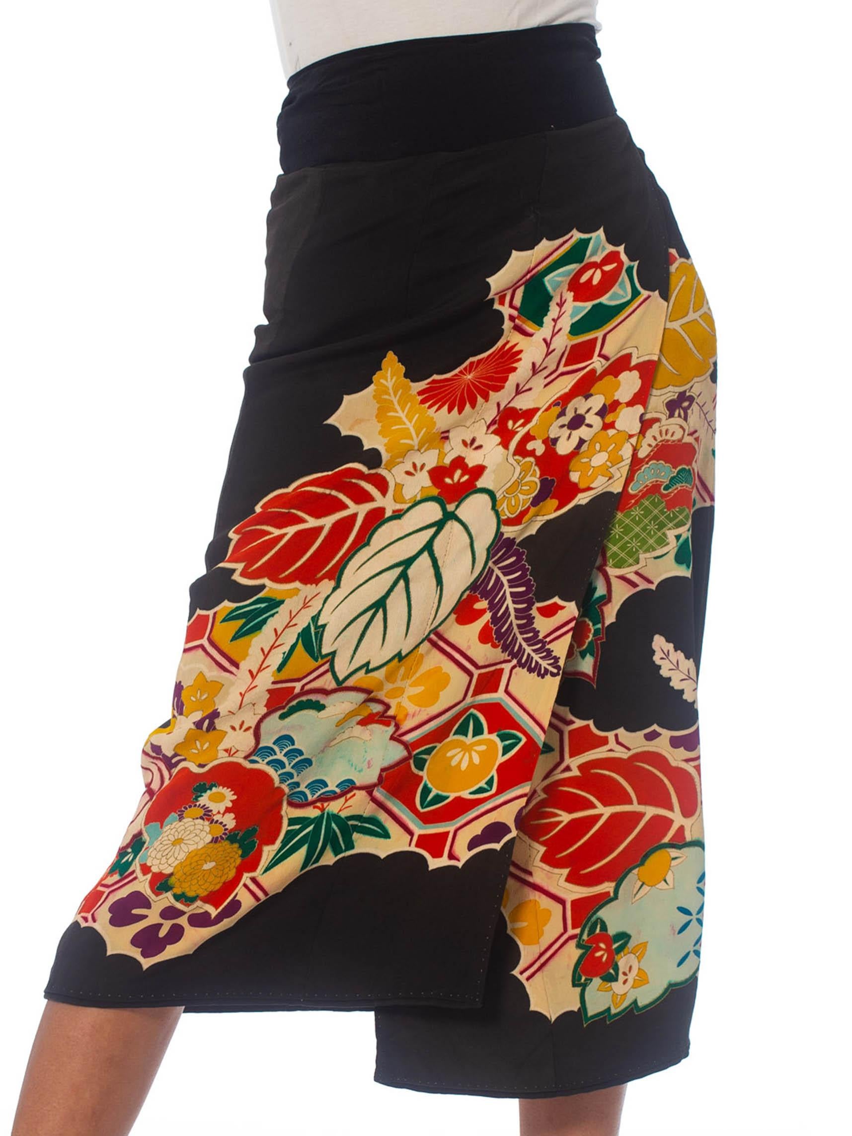 Women's 1970S Black Red Floral Wrap Skirt Made From Hand Painted Japanese Kimono Silk