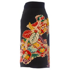 1970S Black Red Floral Wrap Skirt Made From Hand Painted Japanese Kimono Silk