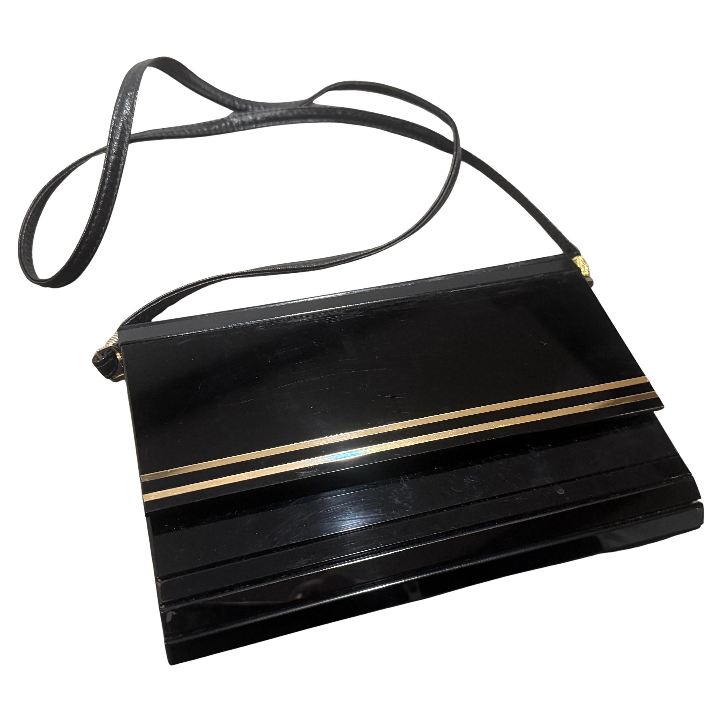 1970s Black Rodoide, Brass and Leather Italian Evening Bag