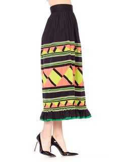 1970S Black Patchwork Cotton Seminole  Skirt With Lime Green & Peach