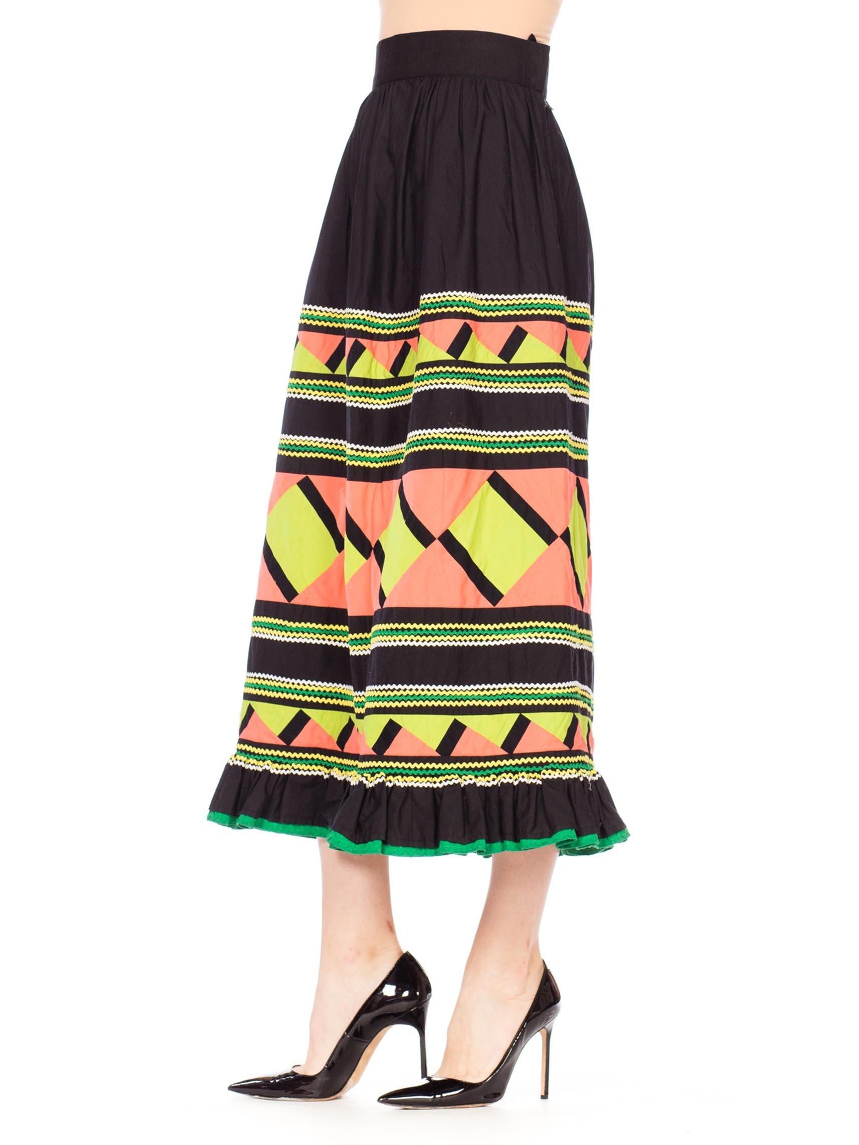 Women's 1970S Black Patchwork Cotton Seminole  Skirt With Lime Green & Peach For Sale