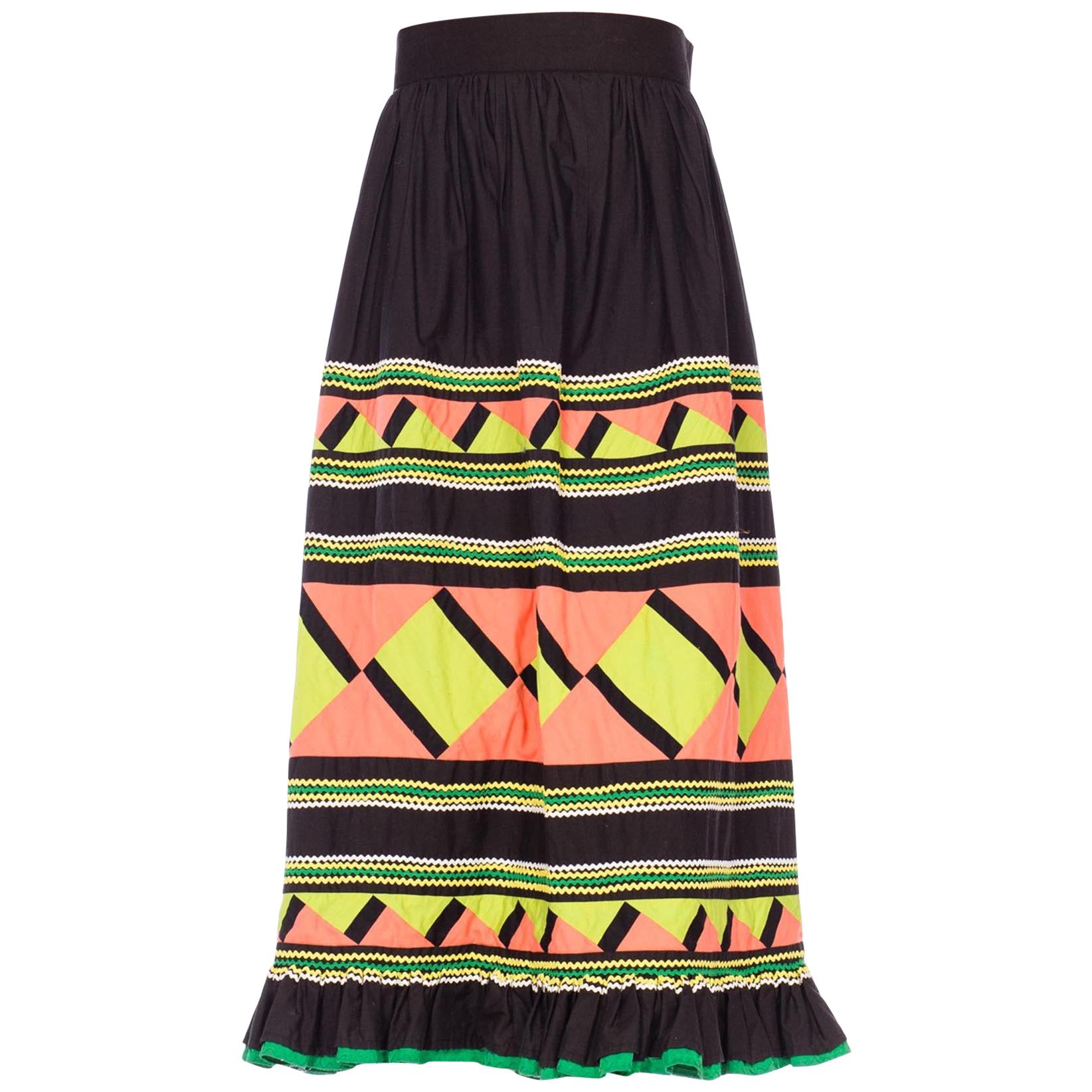 1970S Black Patchwork Cotton Seminole  Skirt With Lime Green & Peach For Sale